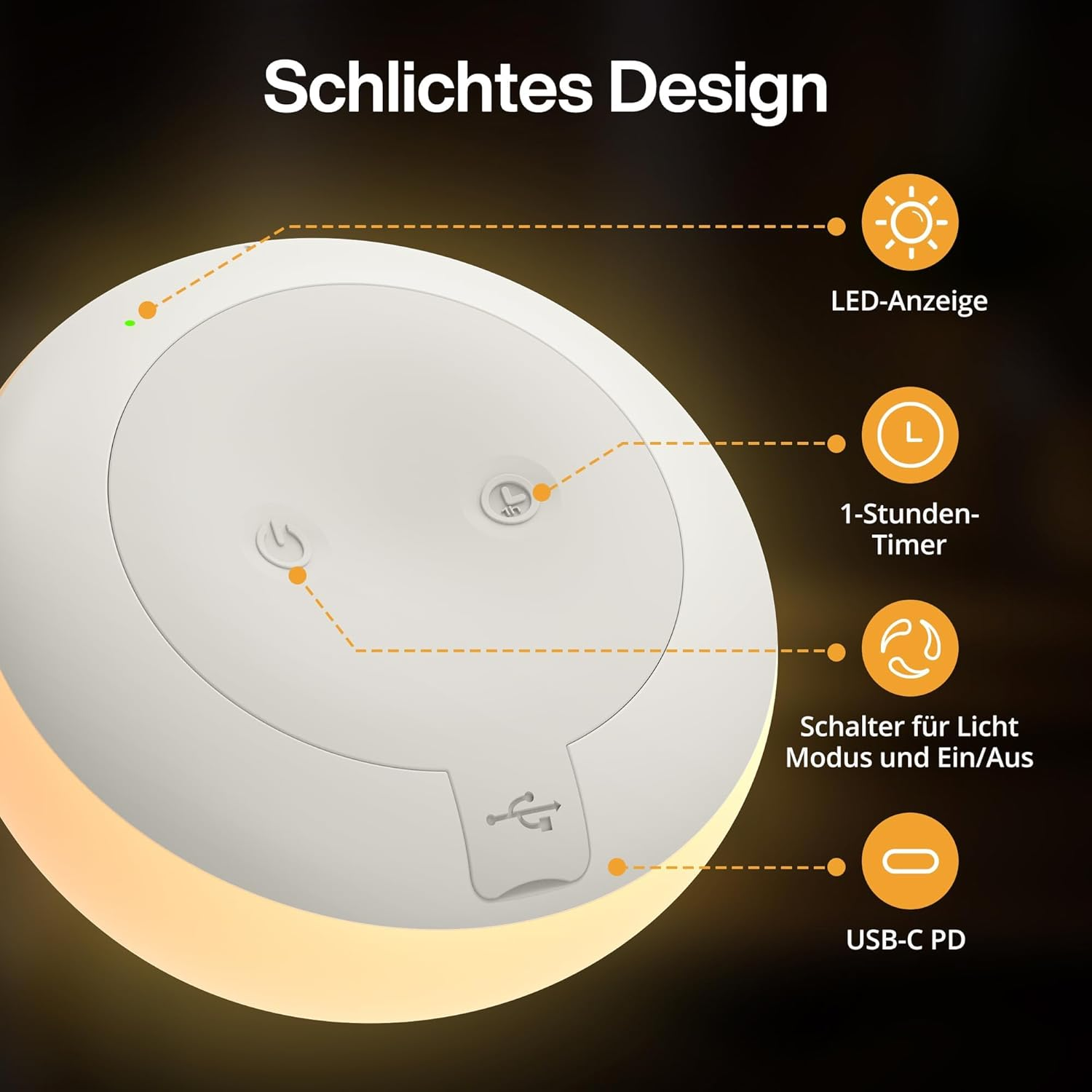 Ein weißes, rundes Nachtlicht mit LED-Anzeige, Timer, Lichtschalter und USB-C-Anschluss.