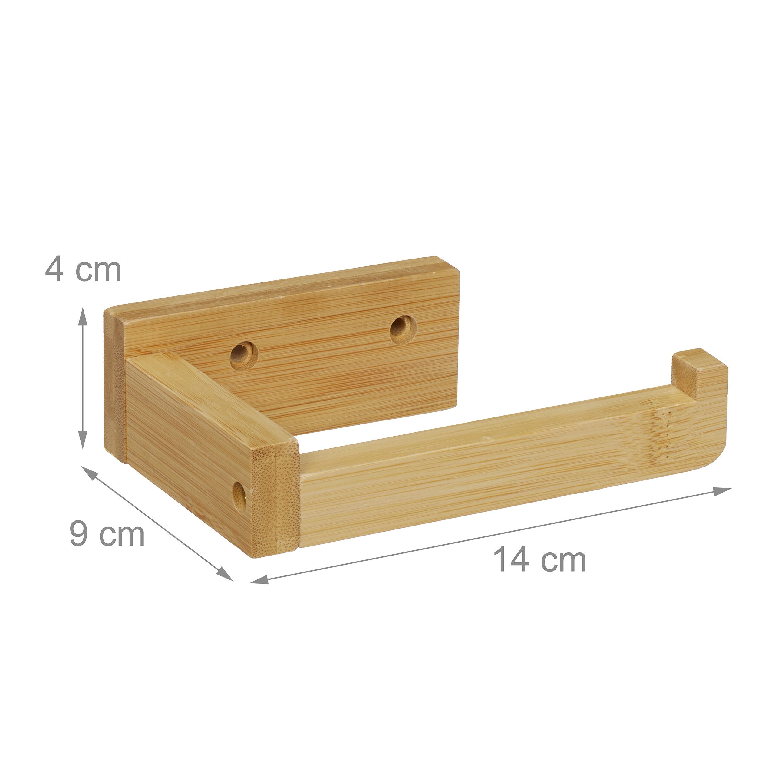 Holz Toilettenpapierhalter mit Maßen von 14x9x4 cm auf weißem Hintergrund.