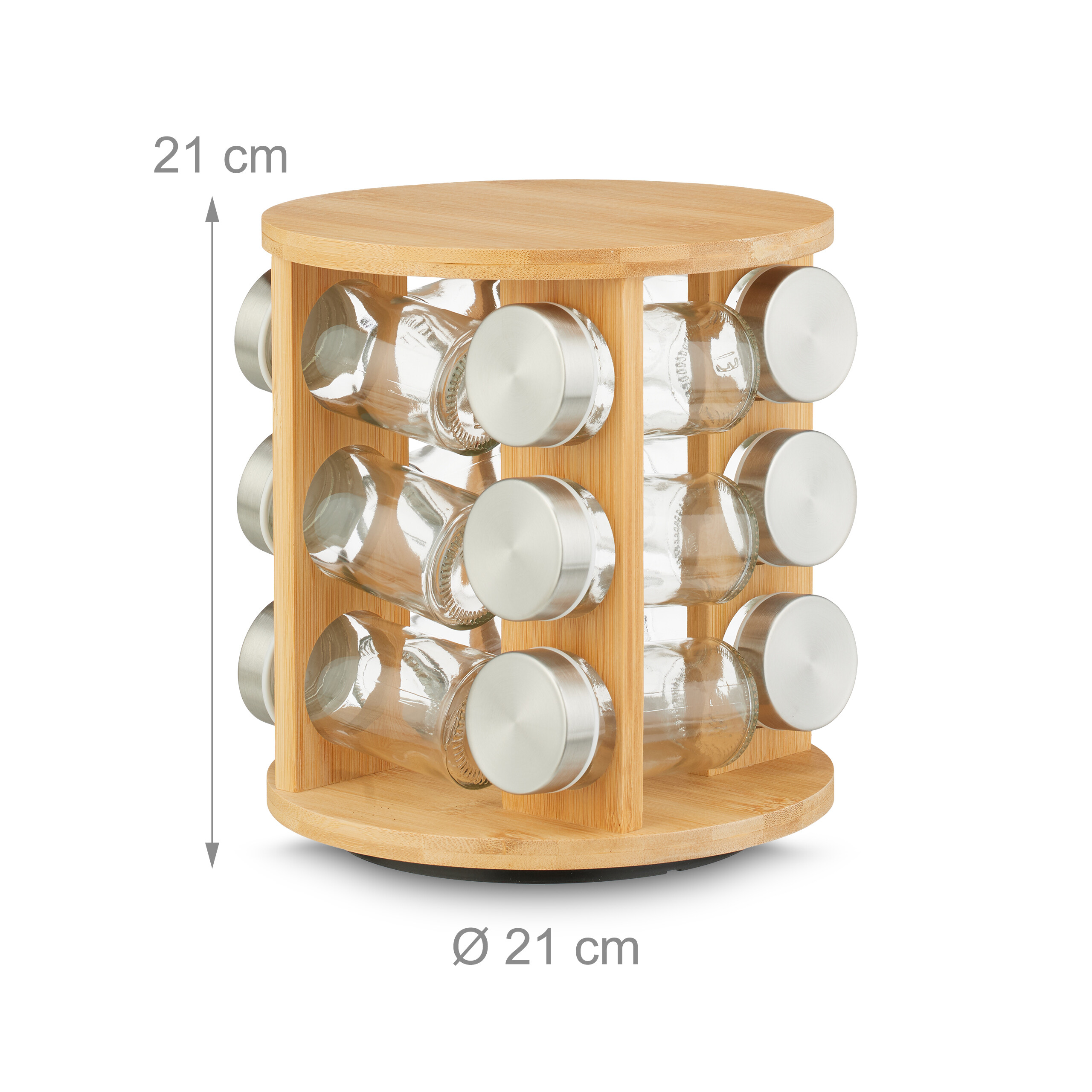 Römisches Gewürzregal aus Holz mit Glasbehältern und Metallkappen, 21 cm hoch.