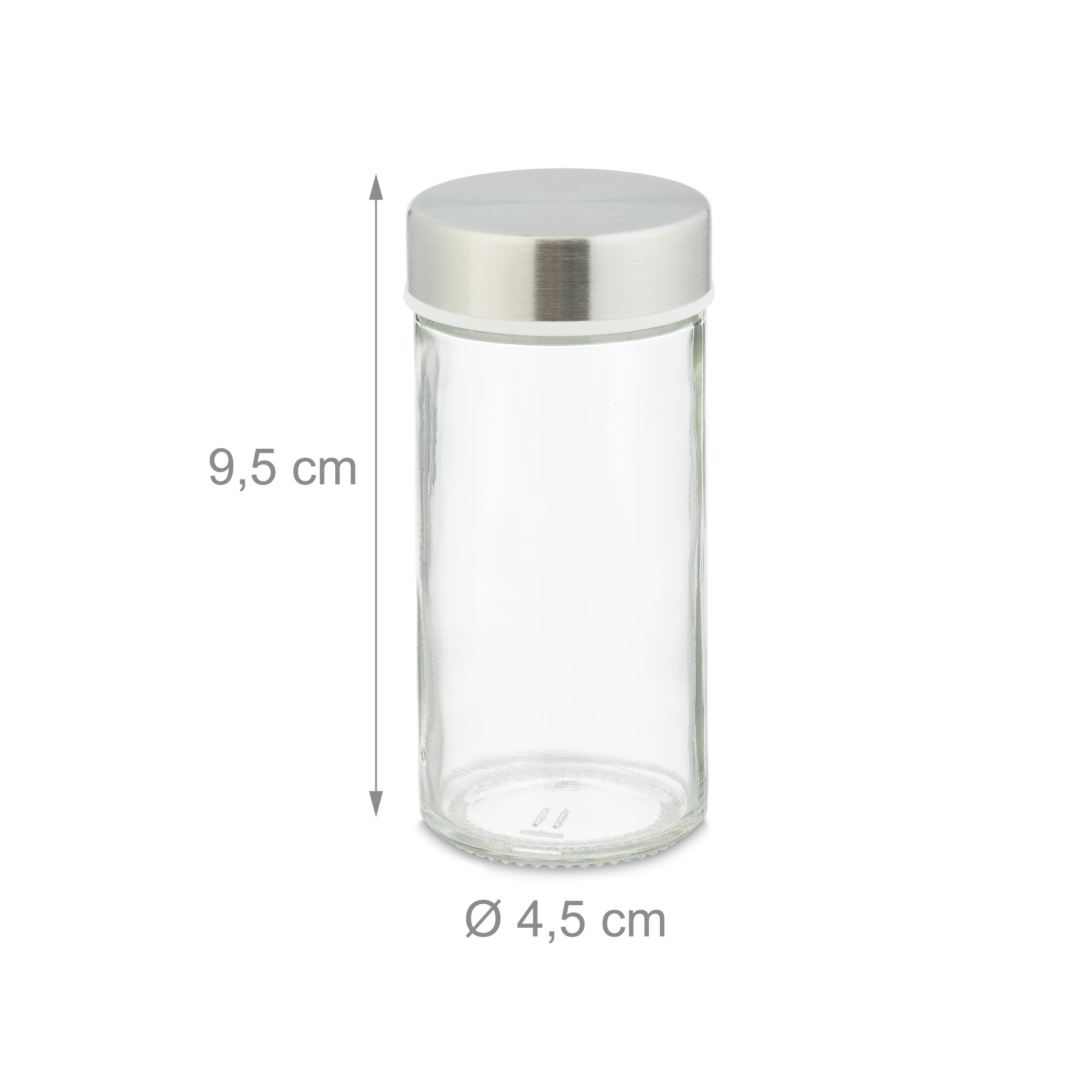 Ein kleines Glas mit Silberdeckel und Maßen: Höhe 9,5 cm, Durchmesser 4,5 cm.