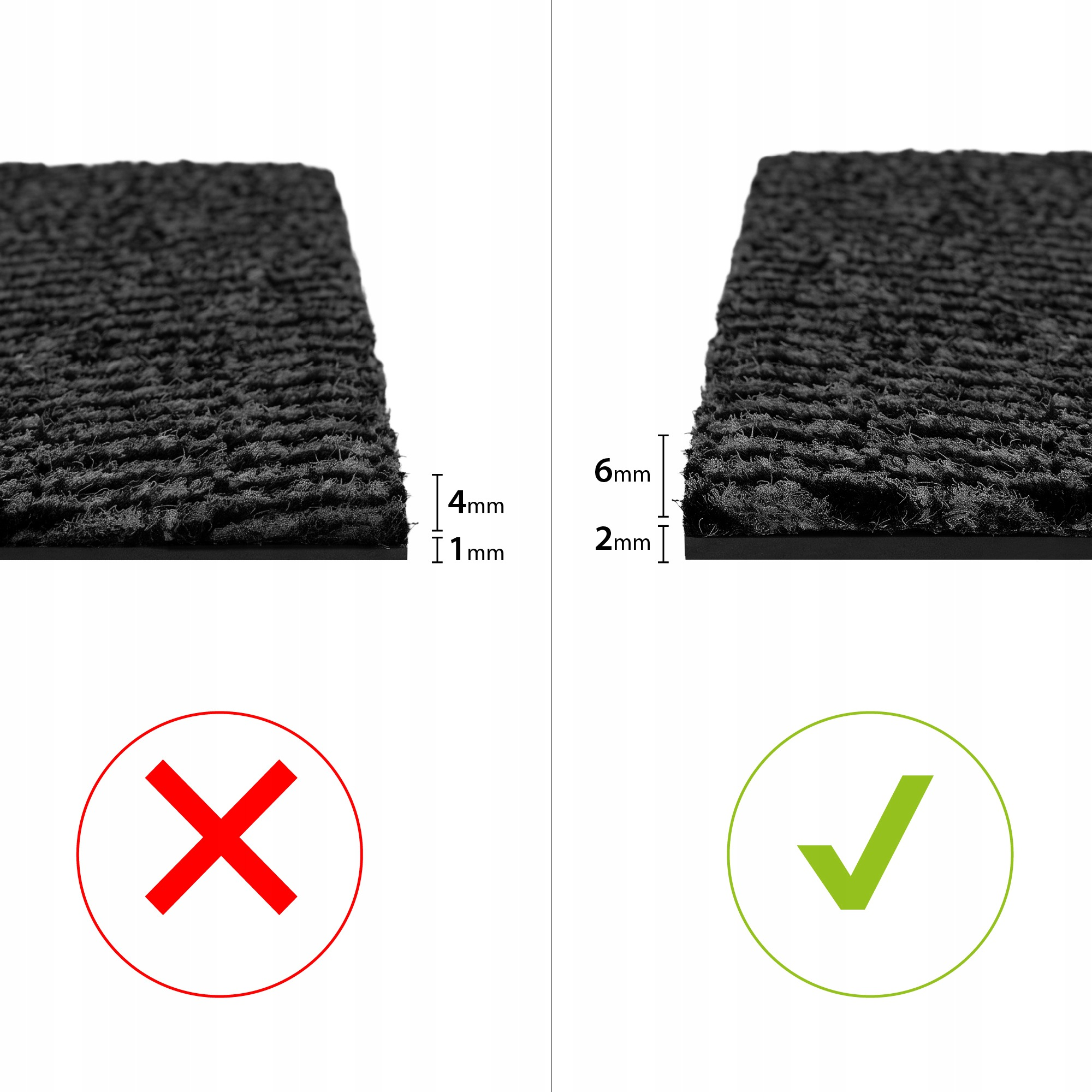 Két szőnyegvastagság összehasonlítása, piros kereszttel az 5 mm-es és zöld pipával a 8 mm-es opciónál.
