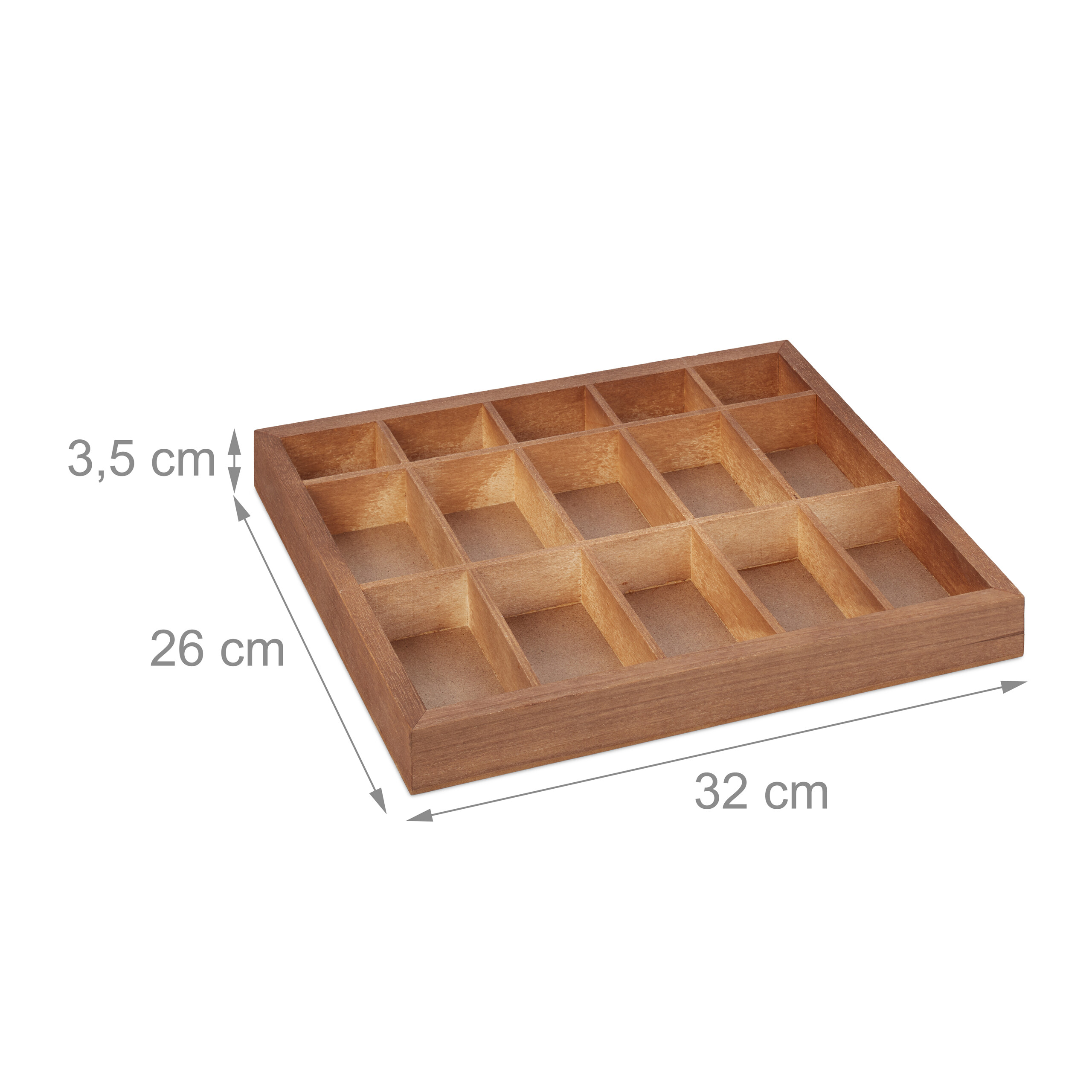Braunes Holzsortierfach mit Maßen: 32 cm Breite, 26 cm Tiefe und 3,5 cm Höhe.
