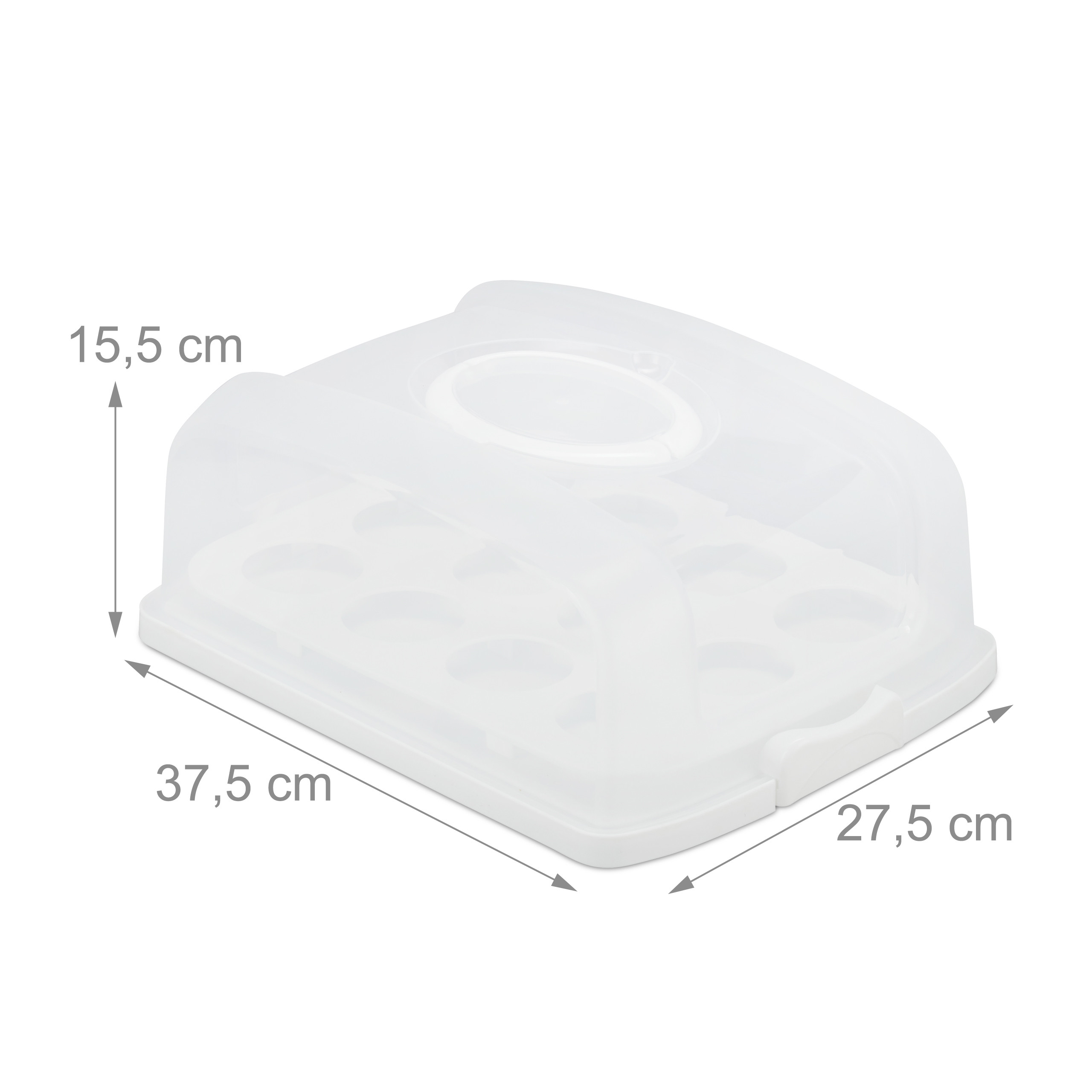 Transparente Plastik-Eierbox mit Deckel, Maße 37,5x27,5x15,5 cm auf weißem Hintergrund.