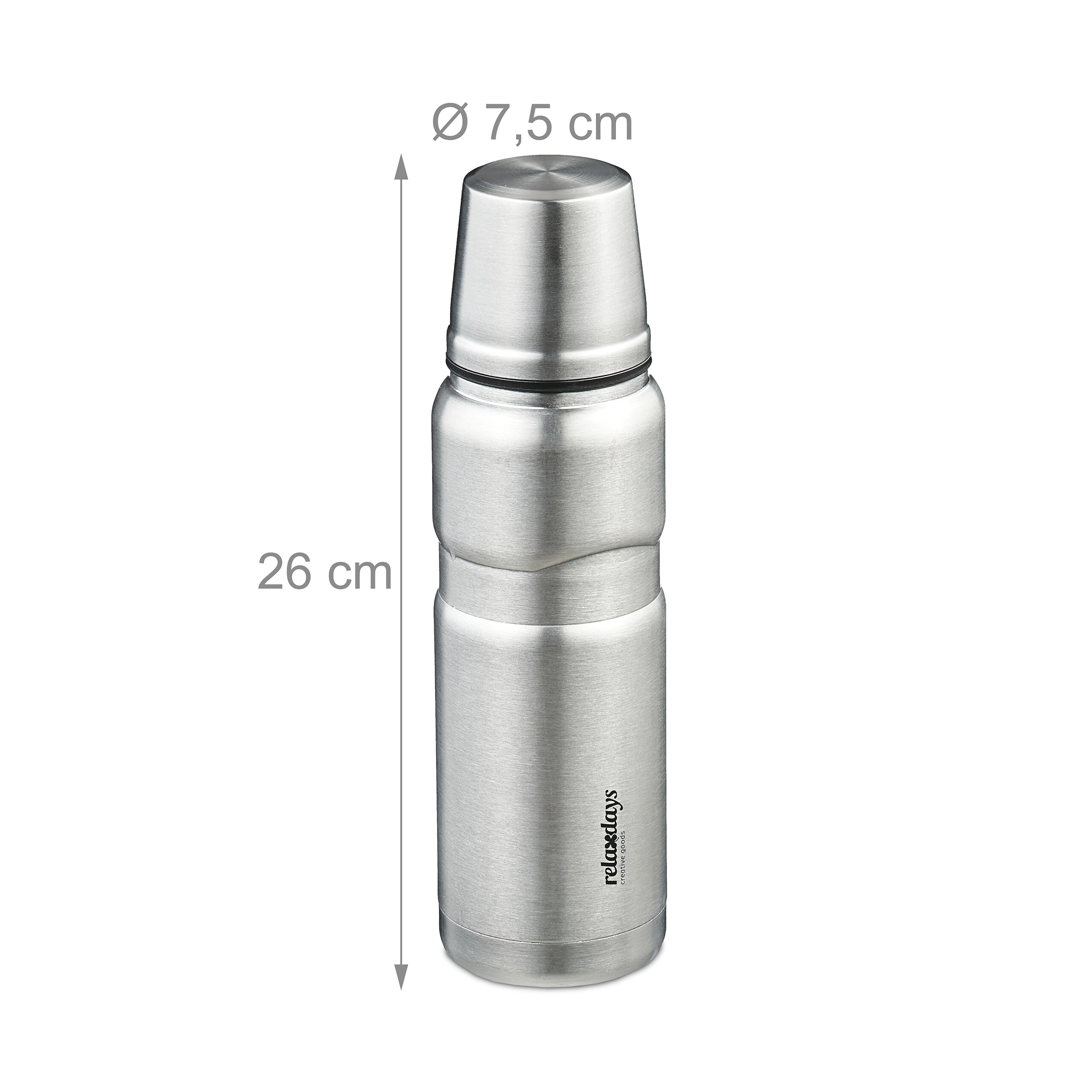 Silberne Thermosflasche mit Becher und Maßen von 26x7,5 cm auf weißem Hintergrund.