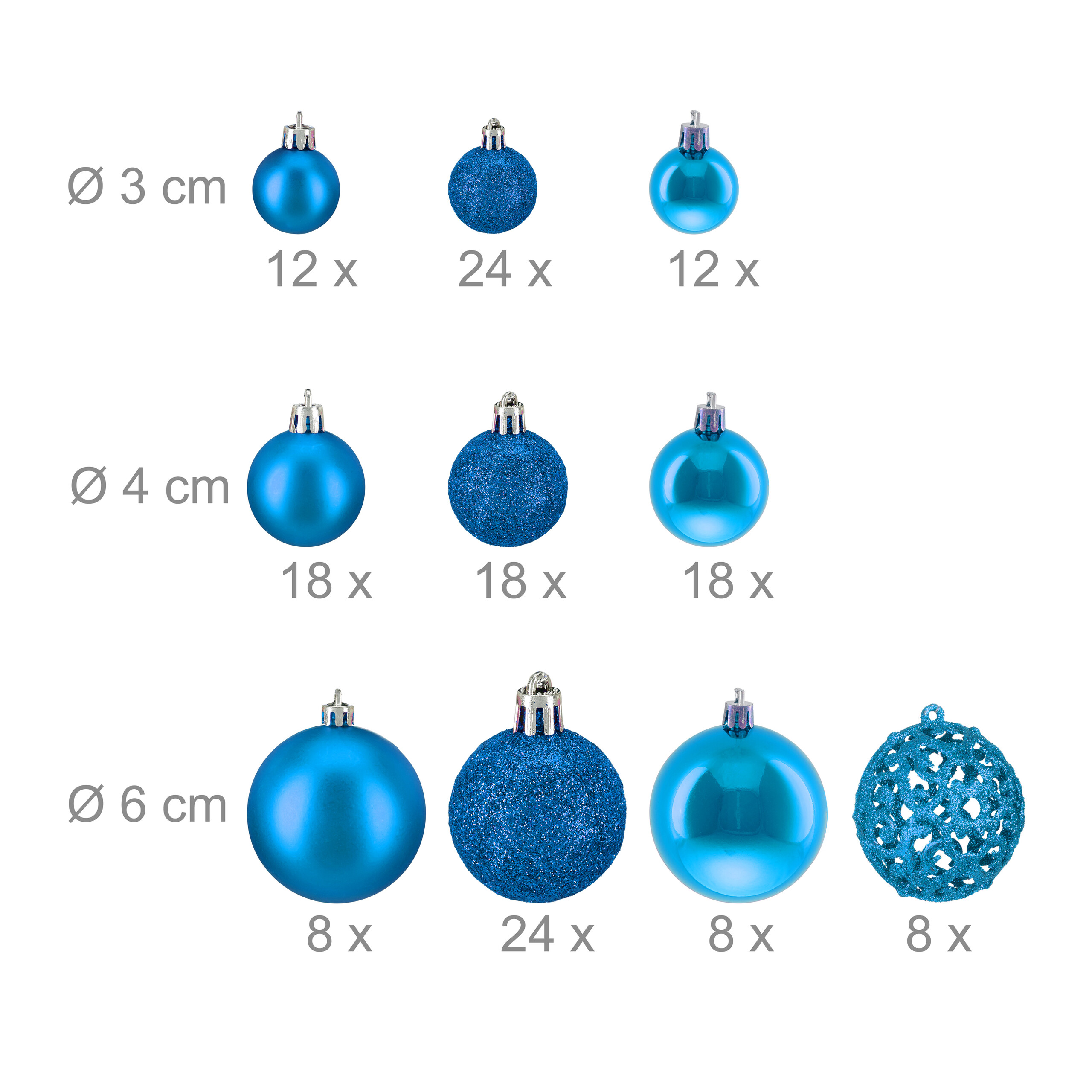 Blaue Weihnachtskugeln in verschiedenen Größen von 3 cm bis 6 cm, mit glänzenden, matten und glitzernden Oberflächen.