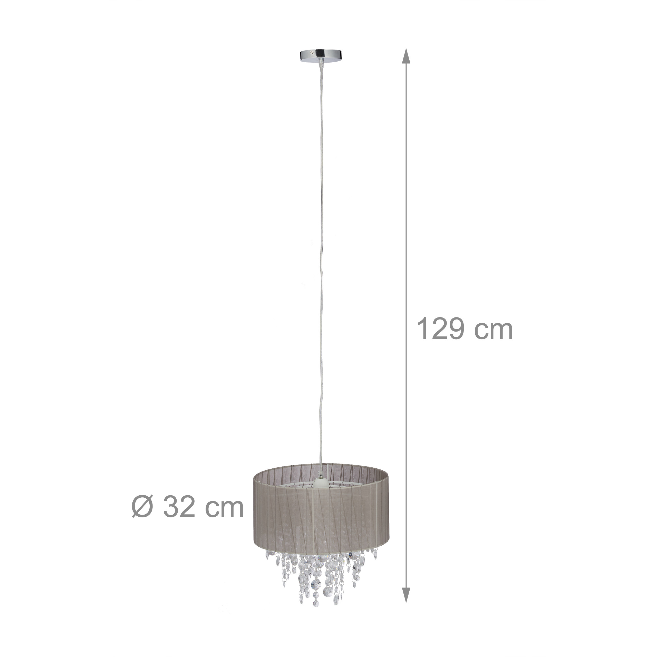 Eine beigefarbene Hängelampe mit Kristallen, 32 cm Durchmesser und 129 cm Höhe.