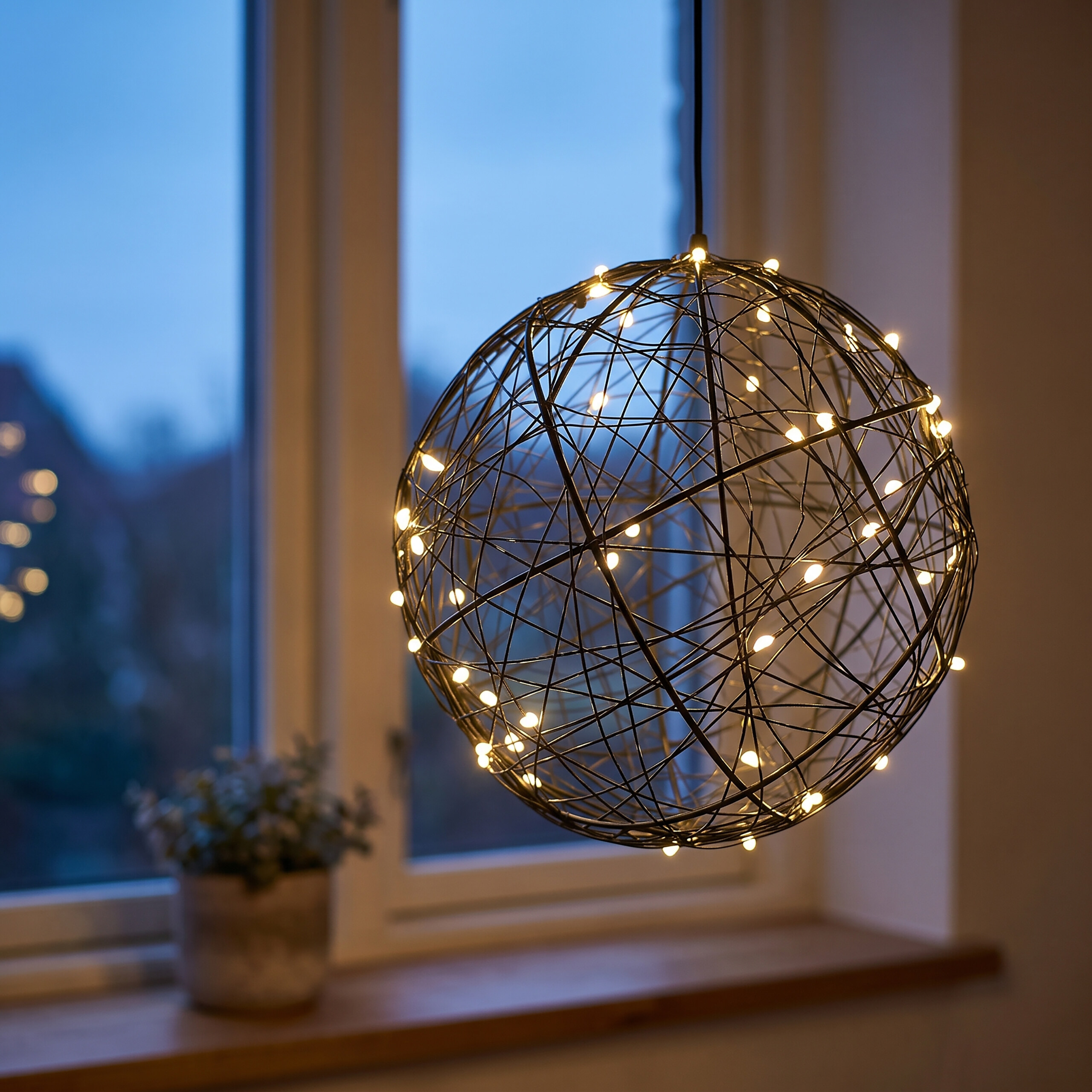 Eine hängende Metalldrahtkugel mit kleinen Lichtern im Inneren, vor einem Fenster.