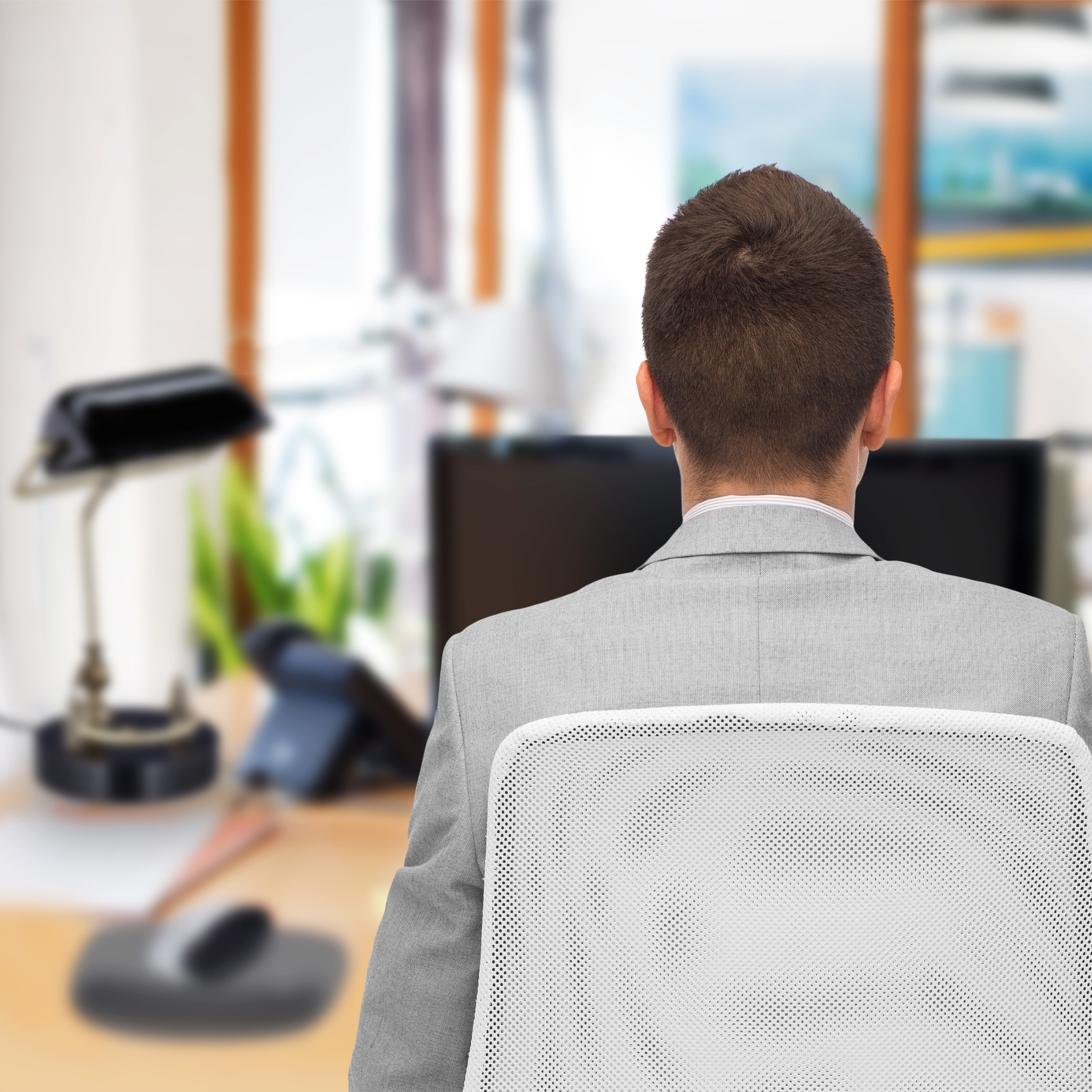 Ein Geschäftsmann im grauen Anzug sitzt mit dem Rücken zur Kamera vor einem Computer in einem Büro.