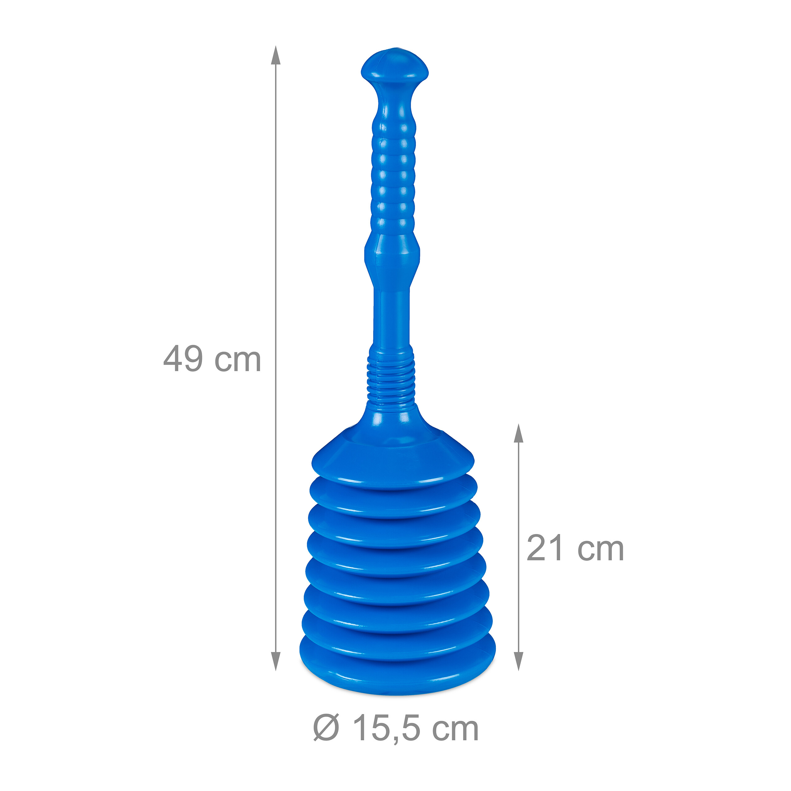 Blauer Pümpel mit Maßen von 49 cm Gesamthöhe und 21 cm Saugerhöhe.