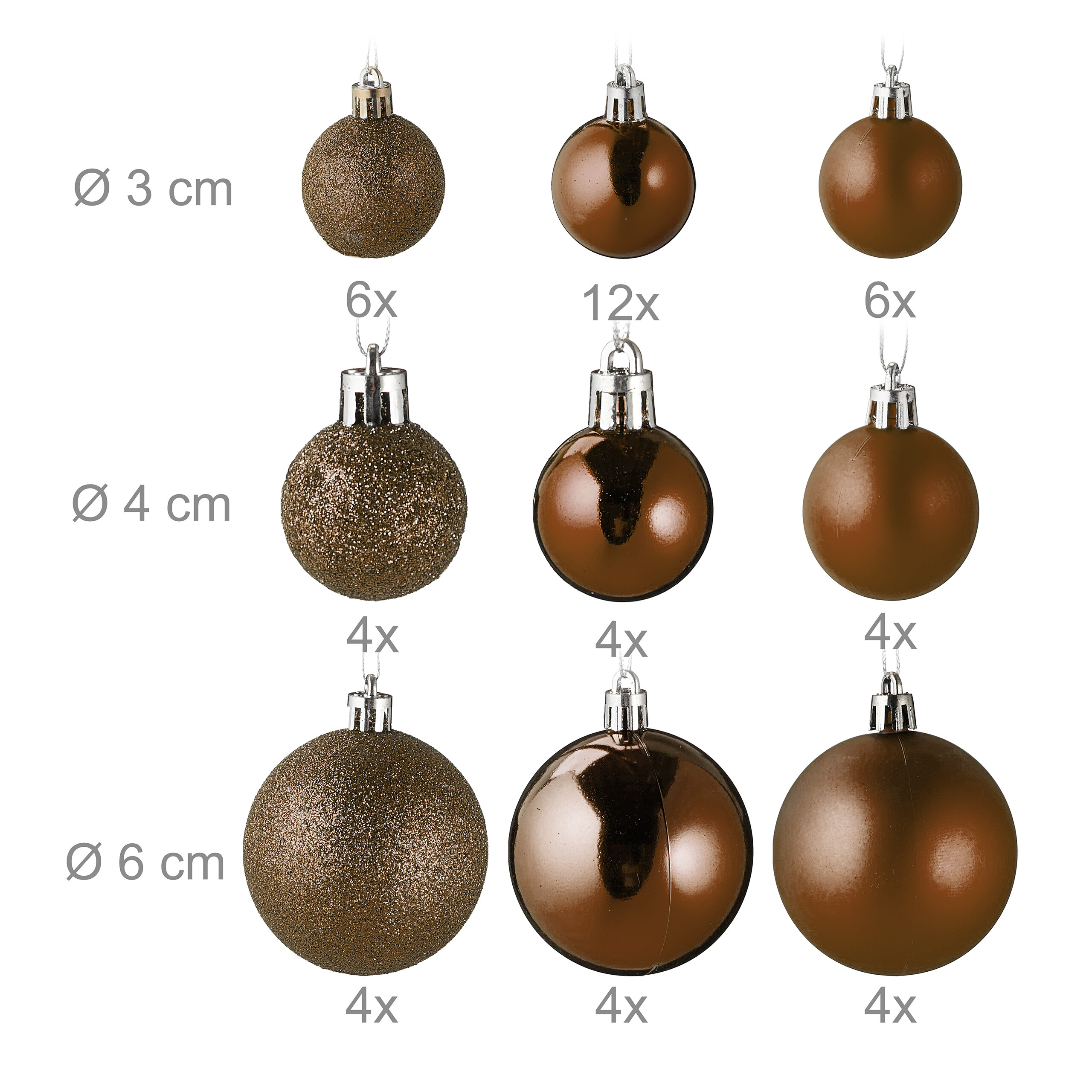 Braune Weihnachtskugeln in drei Größen und Ausführungen mit Maß- und Stückzahlangaben.