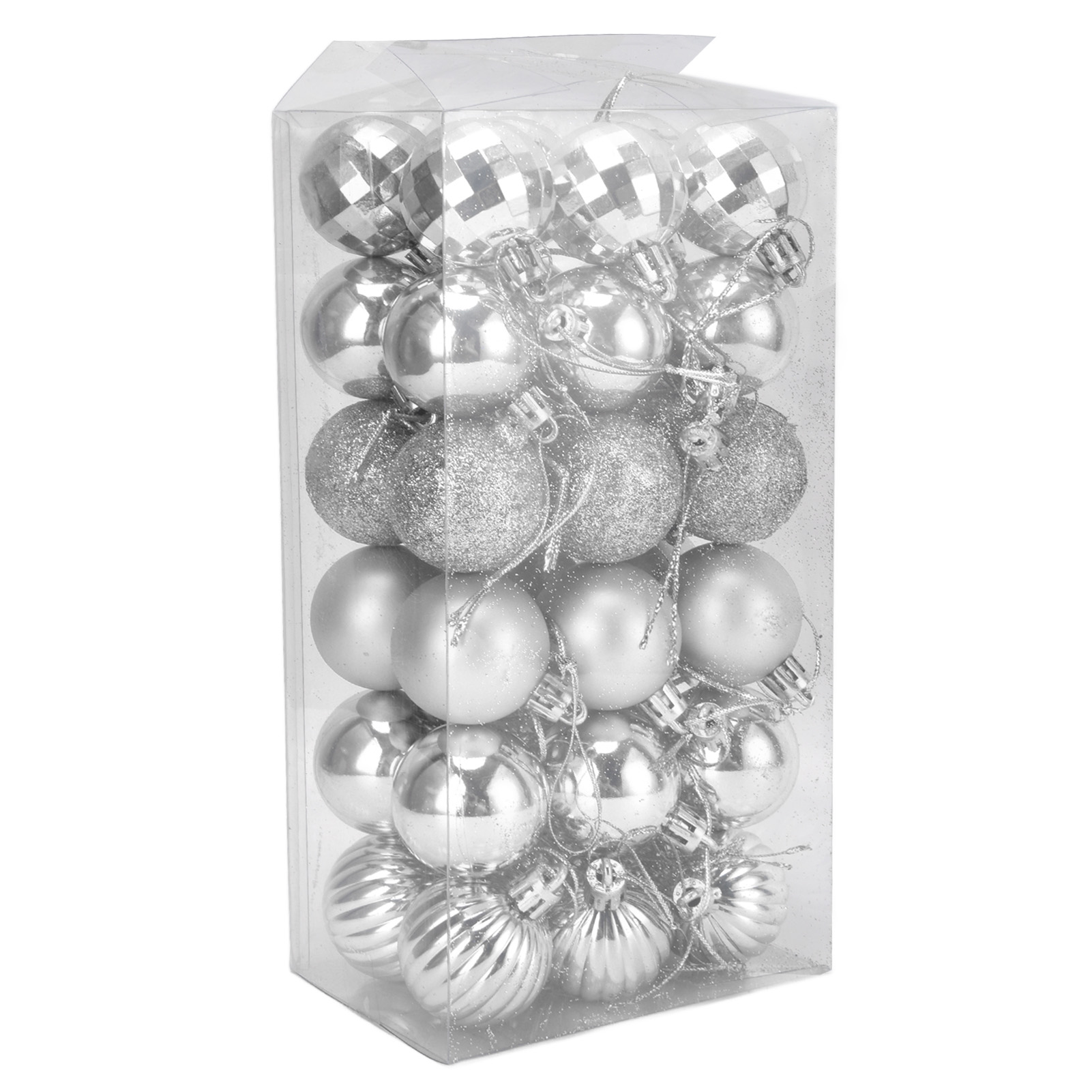 Eine transparente Box gefüllt mit verschiedenen silbernen Weihnachtskugeln in glänzend, glitzernd und matt.