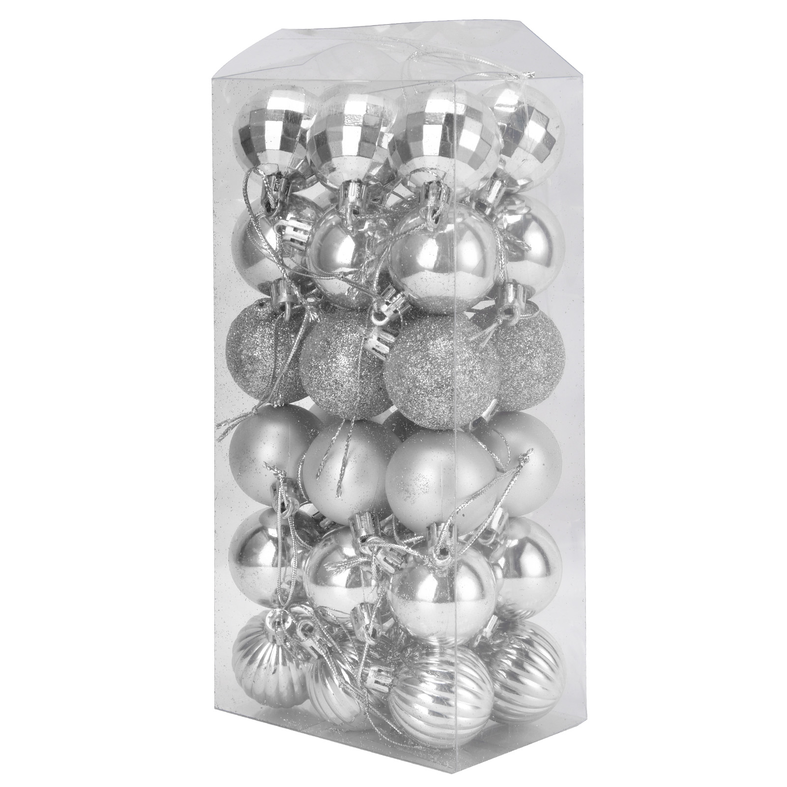 Eine transparente Box mit verschiedenen glänzenden und glitzernden silbernen Weihnachtskugeln.