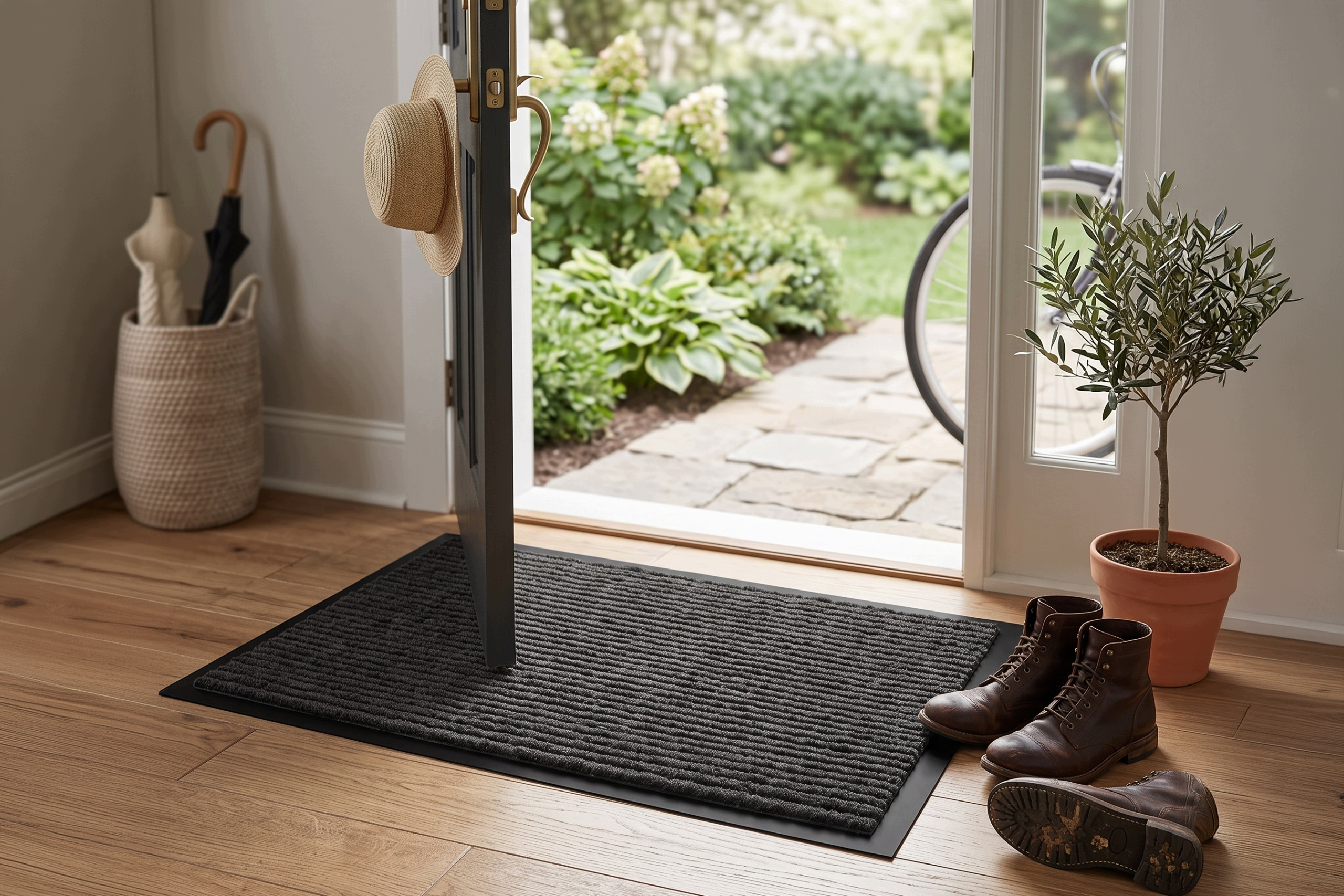 Flur mit Fußmatte, Schuhen und offener Tür, die in den Garten führt.