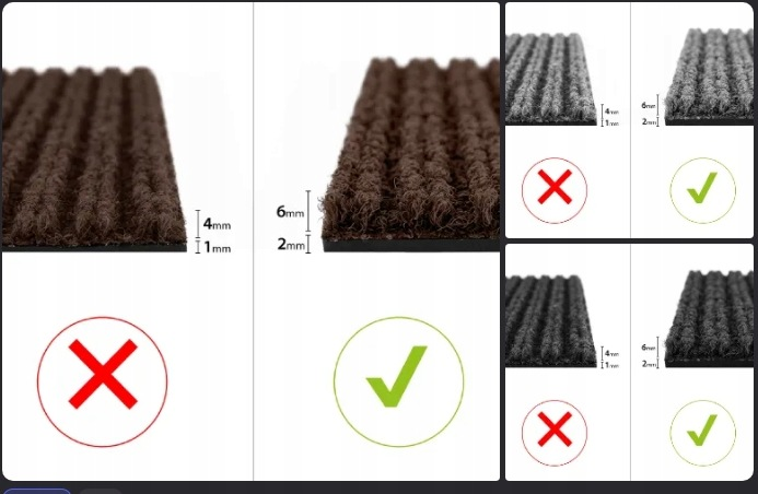 Vergleich von Mattenhöhen mit Maßen von 4 plus 1mm und 6 plus 2mm, markiert mit roten Kreuzen und grünen Haken.