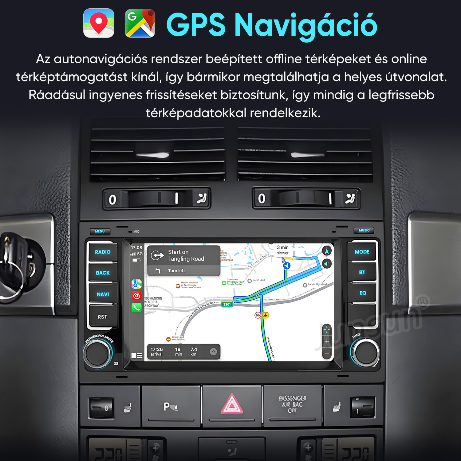 Autós GPS navigációs rendszer érintőképernyővel, részletes útvonaltérképpel és útvonaltervezéssel.
