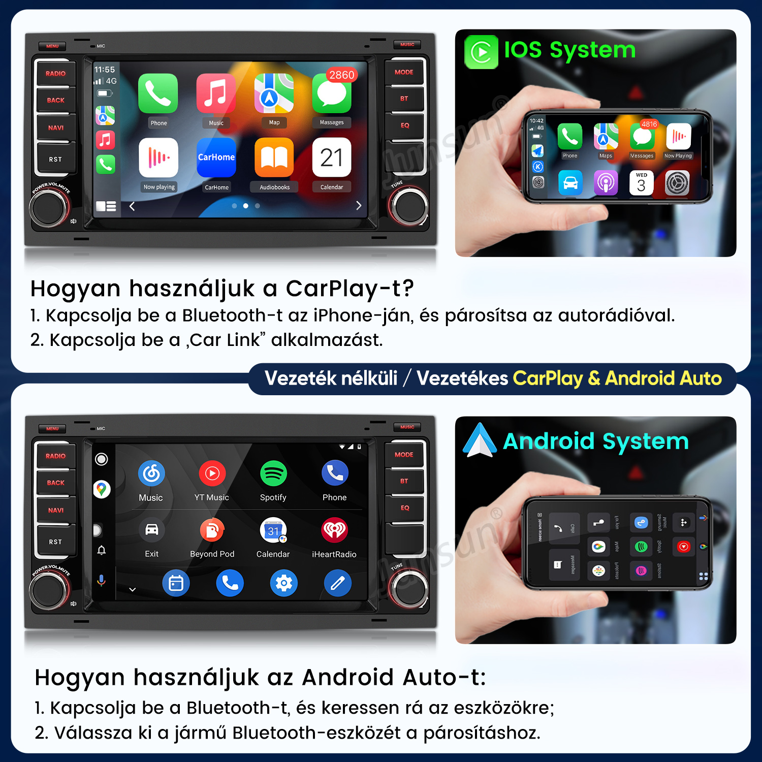 Útmutató a CarPlay és az Android Auto használatához autós multimédiás rendszereken okostelefonnal.