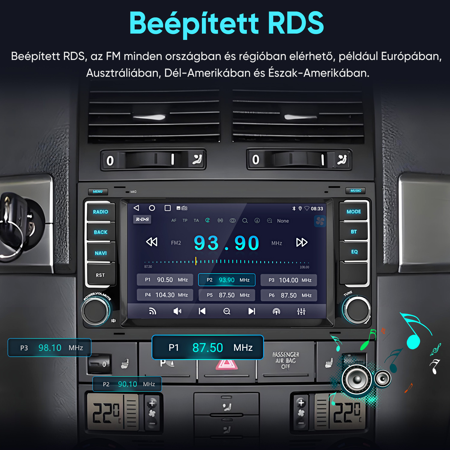 Autósrádió, amely a 93.90 MHz-es FM rádióállomást mutatja magyar felirattal.