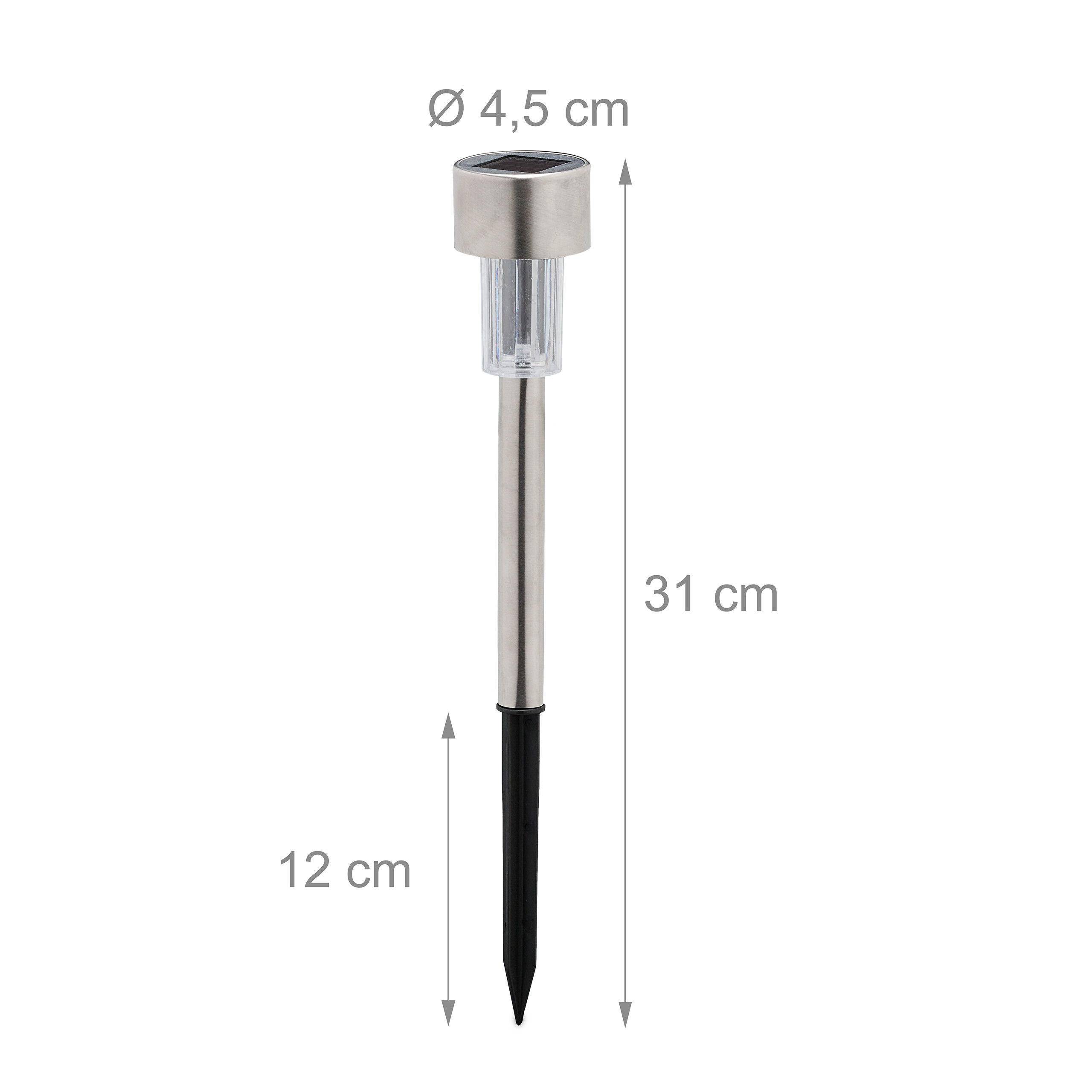 Edelstahl-Solarleuchte mit Abmessungen: 31 cm Gesamthöhe, 4,5 cm Durchmesser und 12 cm Erdspieß.