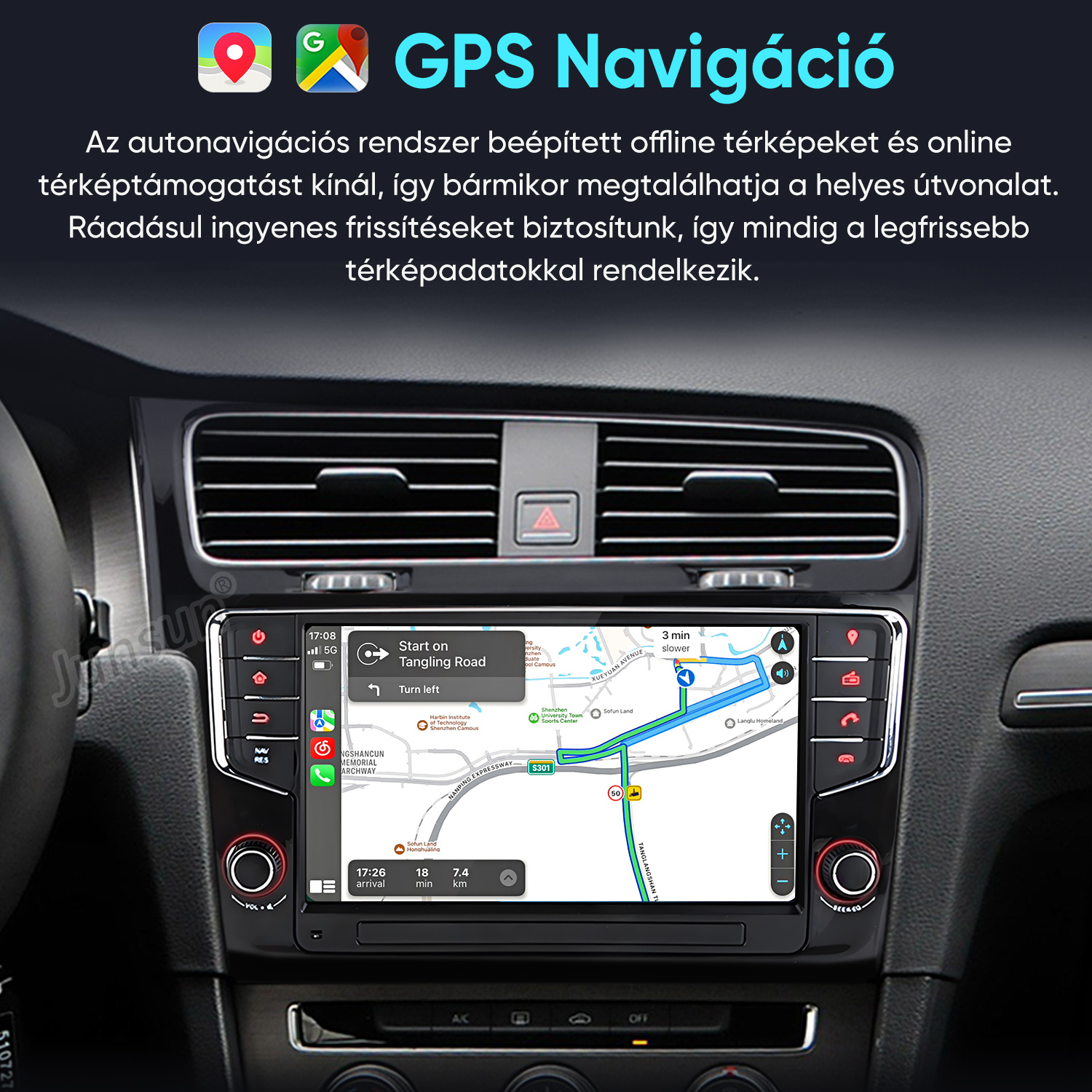 Autó belső tere GPS navigációs képernyővel a középkonzolon, útvonaltérképpel.