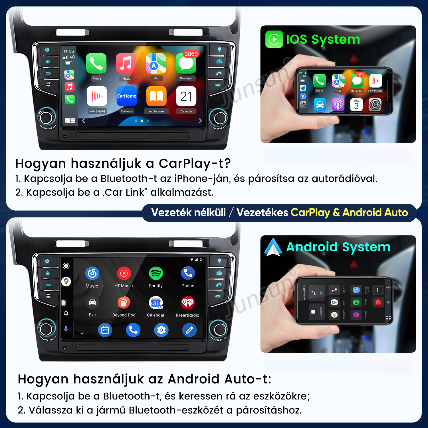 Útmutató a CarPlay és Android Auto használatához autórádión, lépésekkel és alkalmazás képernyőkkel.