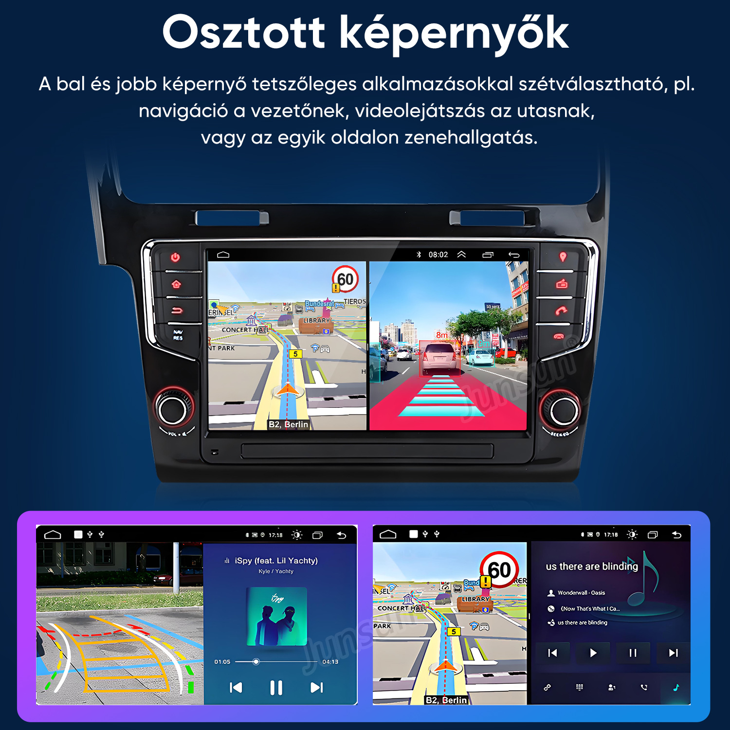Autós navigációs képernyő osztott nézettel térképpel, kamerával és zenelejátszóval.