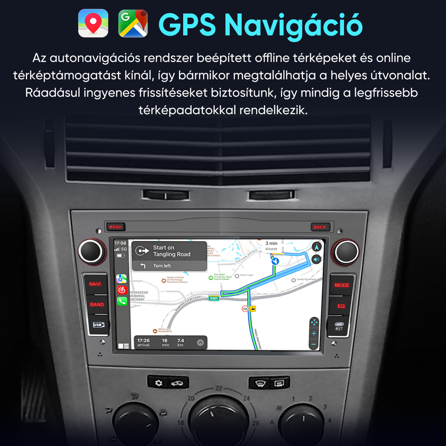 Autó műszerfal modern GPS navigációs kijelzővel és vezérlőgombokkal.