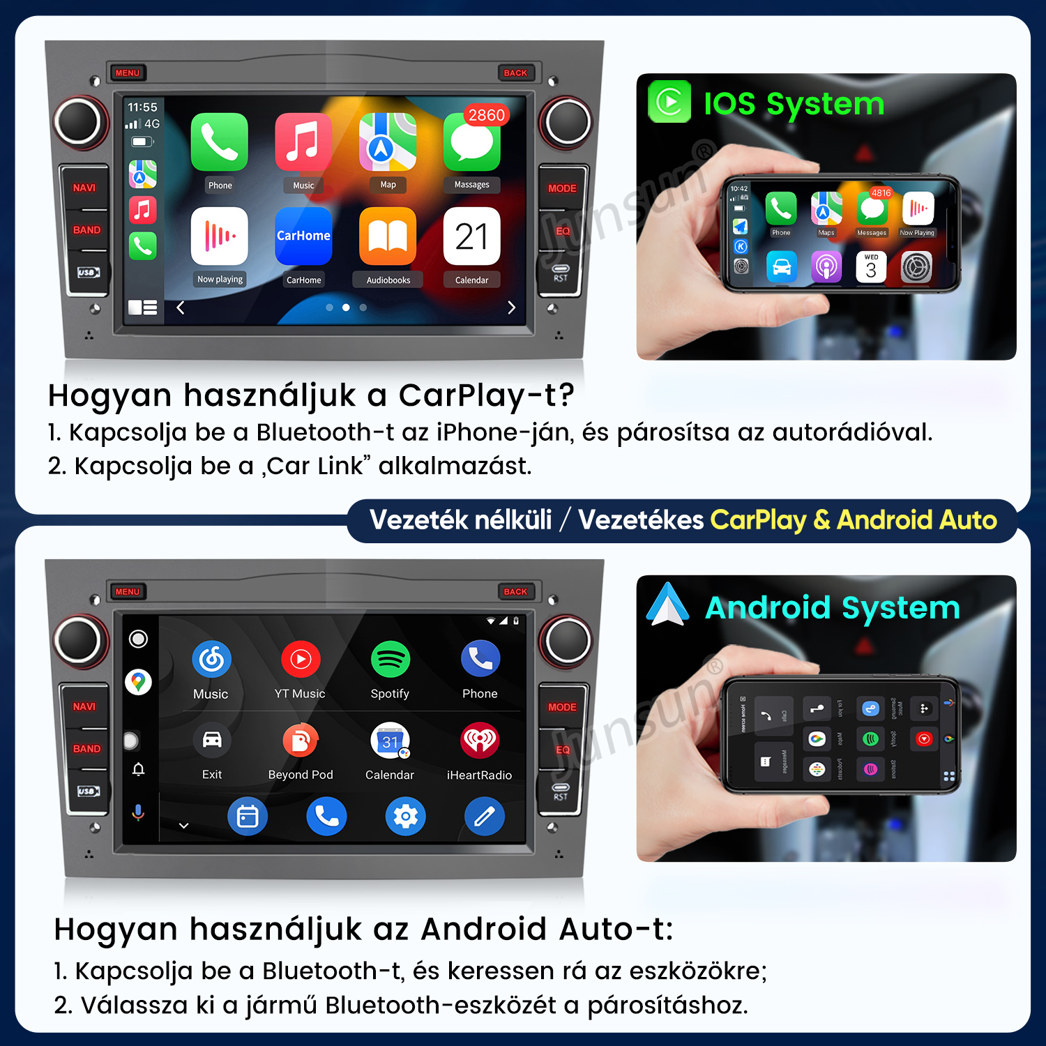 Útmutató a CarPlay és az Android Auto használatához autós rádiókon okostelefon-kapcsolattal.