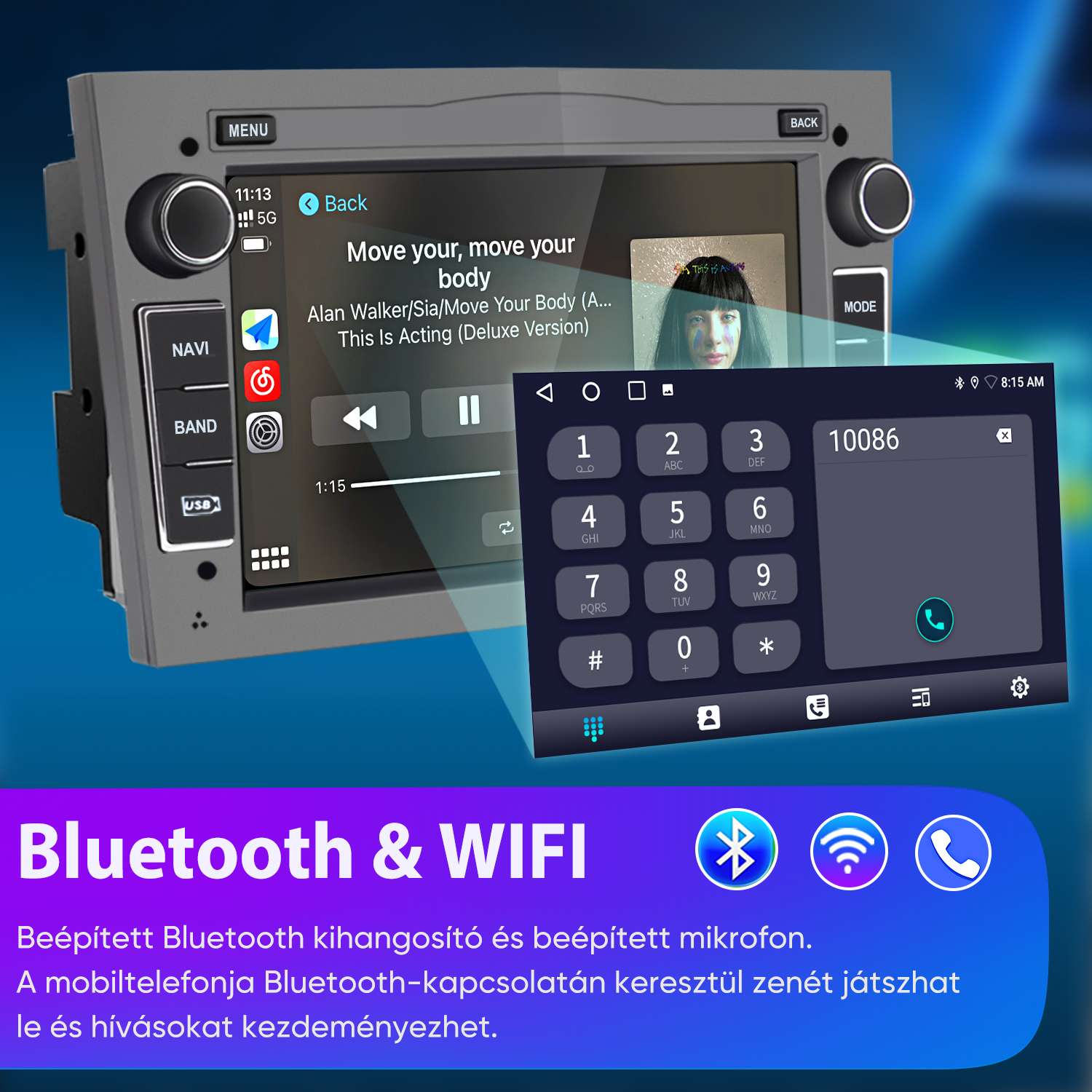 Autós hifi érintőképernyővel, Bluetooth-szal, Wi-Fi-vel, valamint navigációs és Média gombokkal.