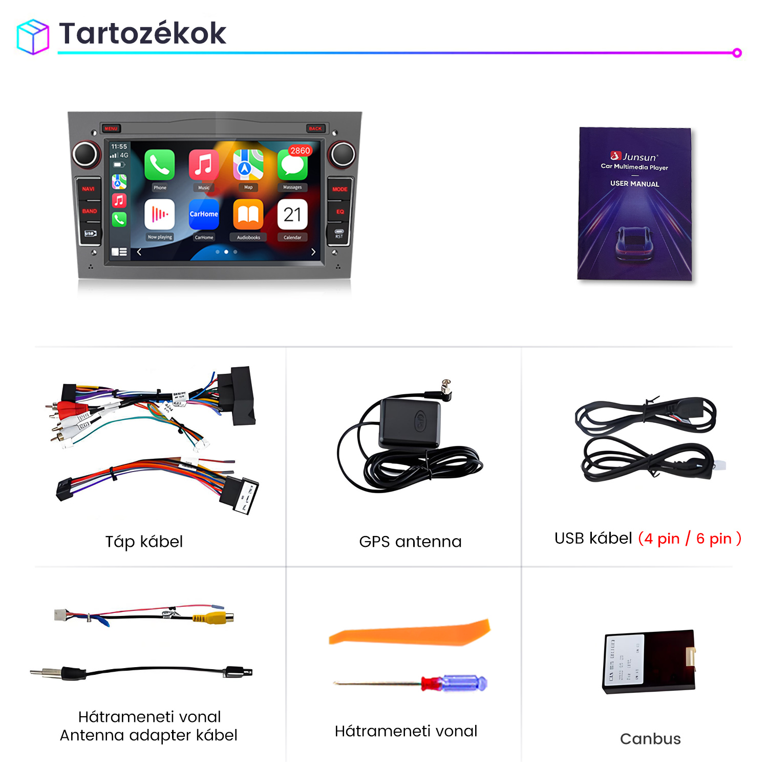 Autós multimédia lejátszó a mellékelt tartozékokkal, mint kábelek, GPS antenna, kézikönyv és Canbus.