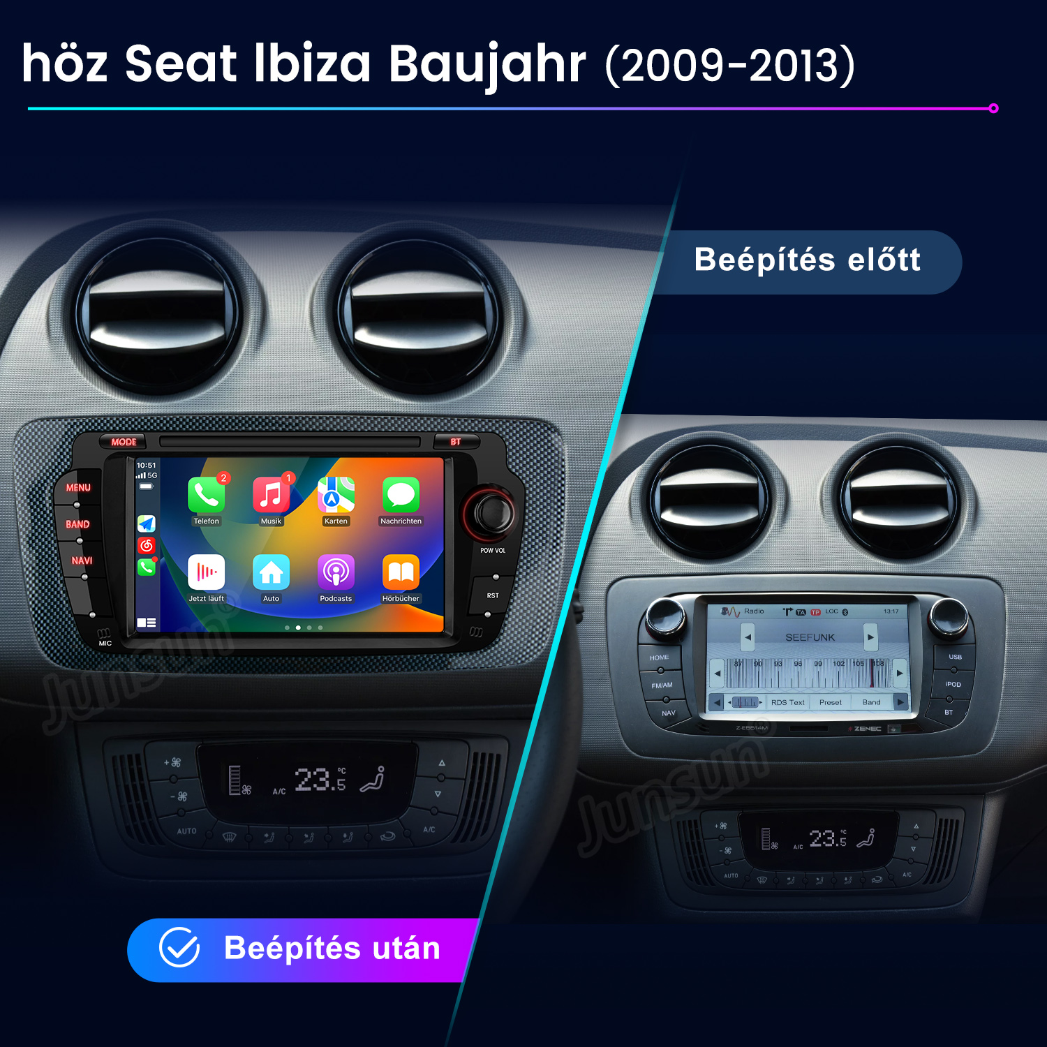 Egy Seat Ibiza műszerfalának összehasonlítása új információs és szórakoztató rendszer beszerelése előtt és után.