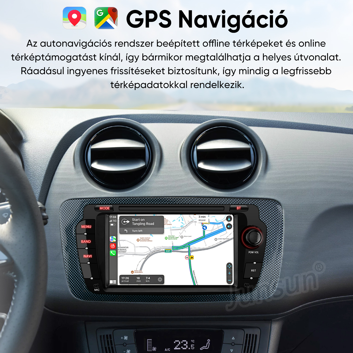 Autó műszerfal GPS navigációs képernyővel, térképpel és két kerek szellőzőnyílással.