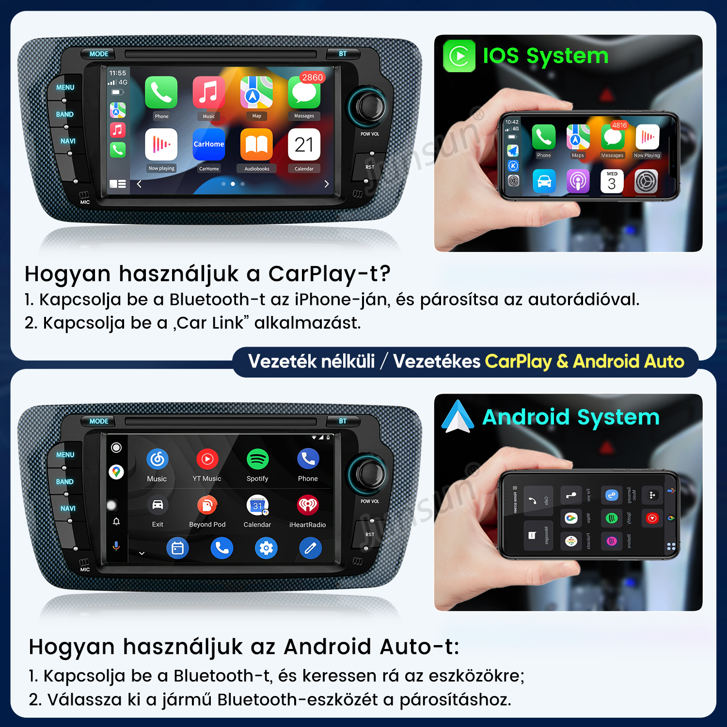 Útmutató az Apple CarPlay és Android Auto használatához okostelefon-kapcsolattal rendelkező autórádión.