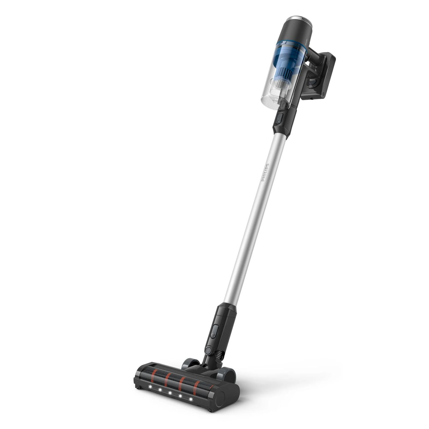 Vezeték nélküli ezüst és fekete Philips porszívó fehér háttér előtt.
