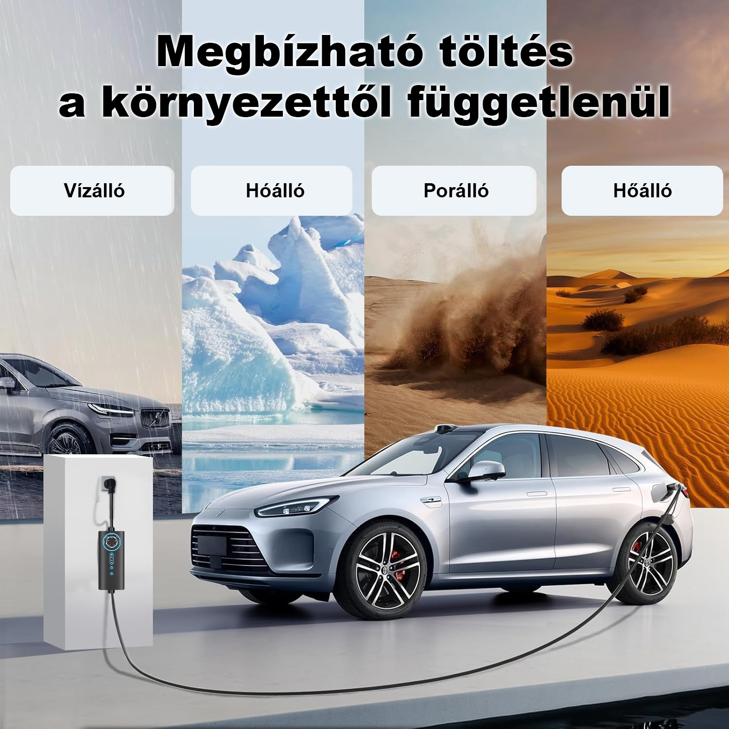 Egy ezüst elektromos autó töltődik négy különféle időjárási háttér, például eső, jég és por előtt.