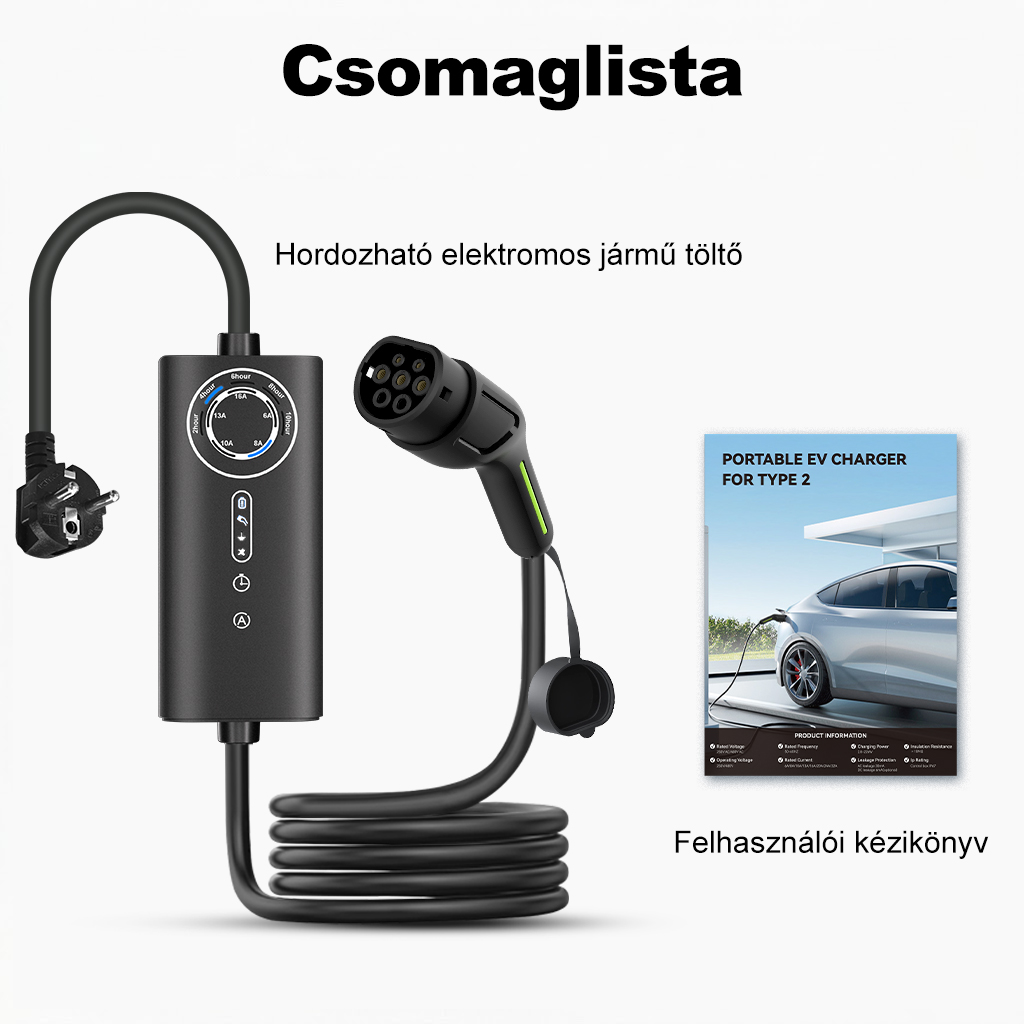 Fekete hordozható elektromos jármű töltő 2-es típusú csatlakozóval, vezérlődobozzal, kábellel és kézikönyvvel.