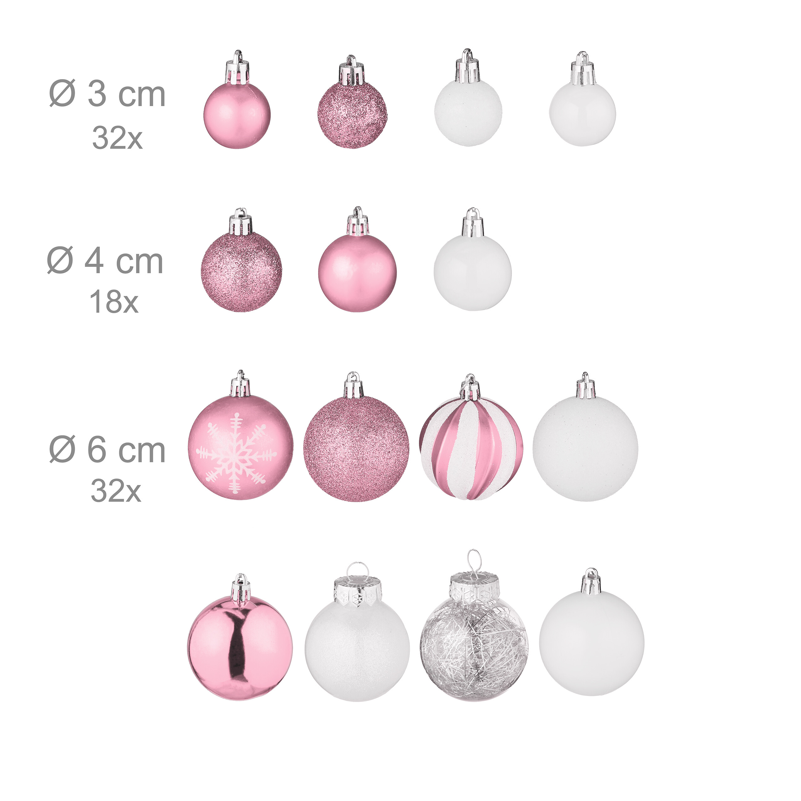Verschiedene rosa und weiße Christbaumkugeln in verschiedenen Größen und Ausführungen mit Maßangaben.