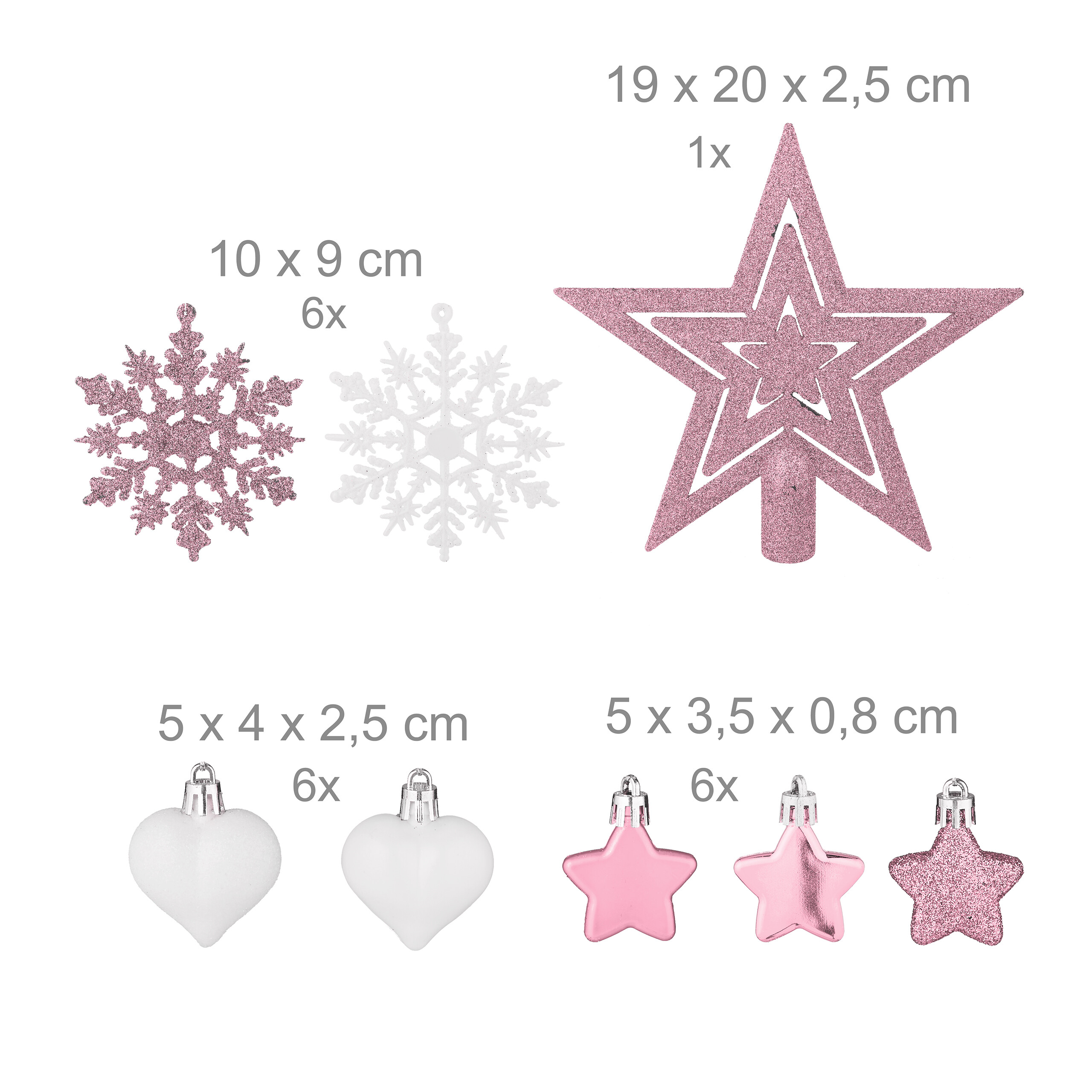 Rosa-weiße Weihnachtsdeko mit großem Stern-Baumspitzen, Schneeflocken, Herzen und kleinen Sternen samt Maßangaben.