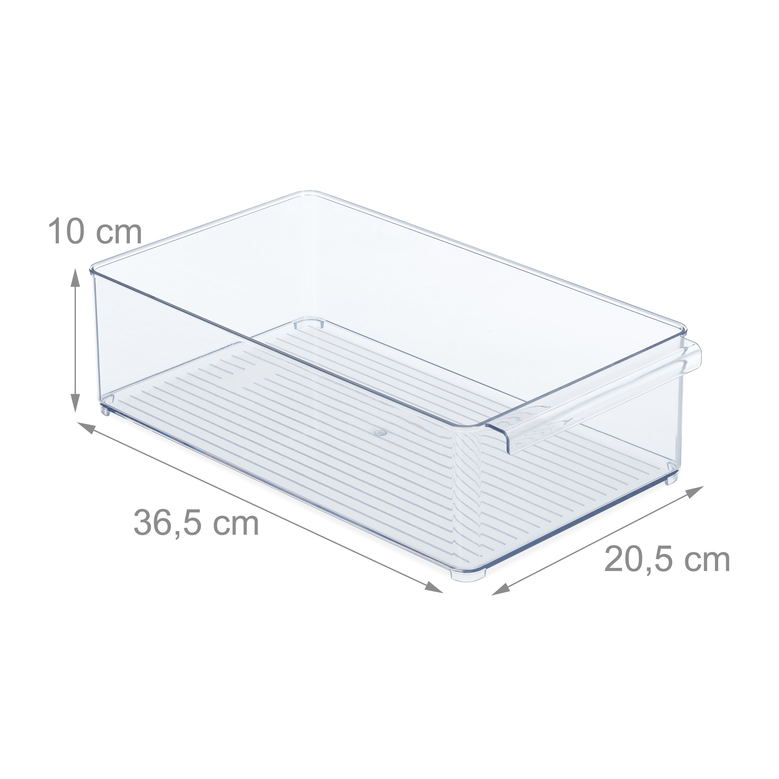 Eine transparente Kunststoff-Aufbewahrungsbox mit Maßen von 36,5 cm Länge, 20,5 cm Breite und 10 cm Höhe.