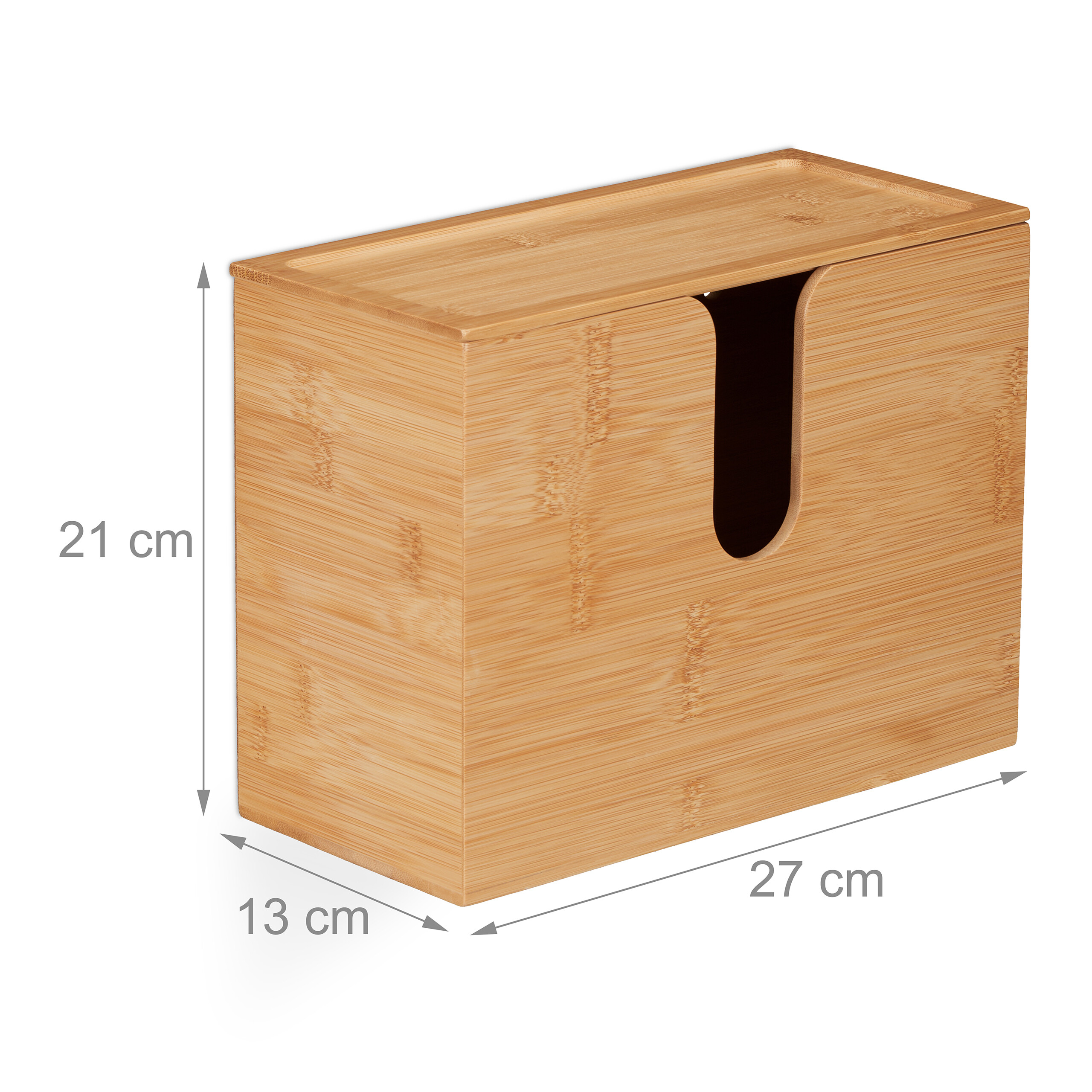 Eine rechteckige Bambusbox mit den Maßen 27x13x21 cm und einer Aussparung an der Vorderseite.