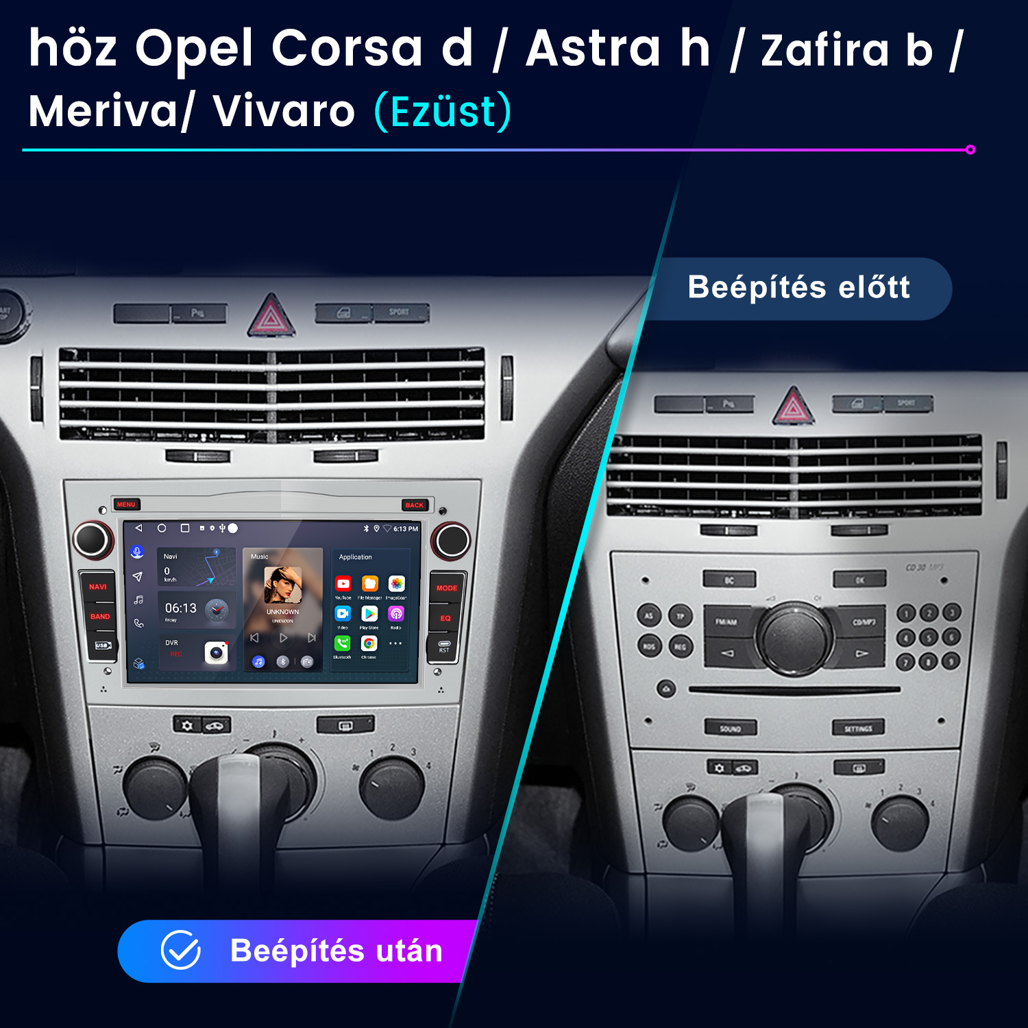 Opel műszerfal összehasonlítás modern multimédiás kijelző beszerelése előtt és után.