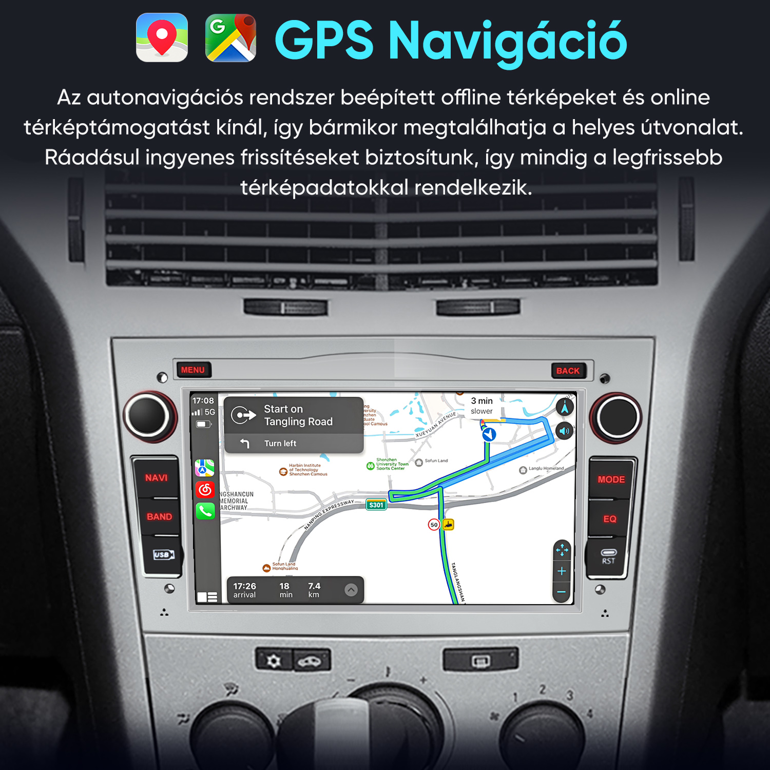 Autó műszerfal GPS navigációs képernyővel, útvonallal és magyar felirattal.