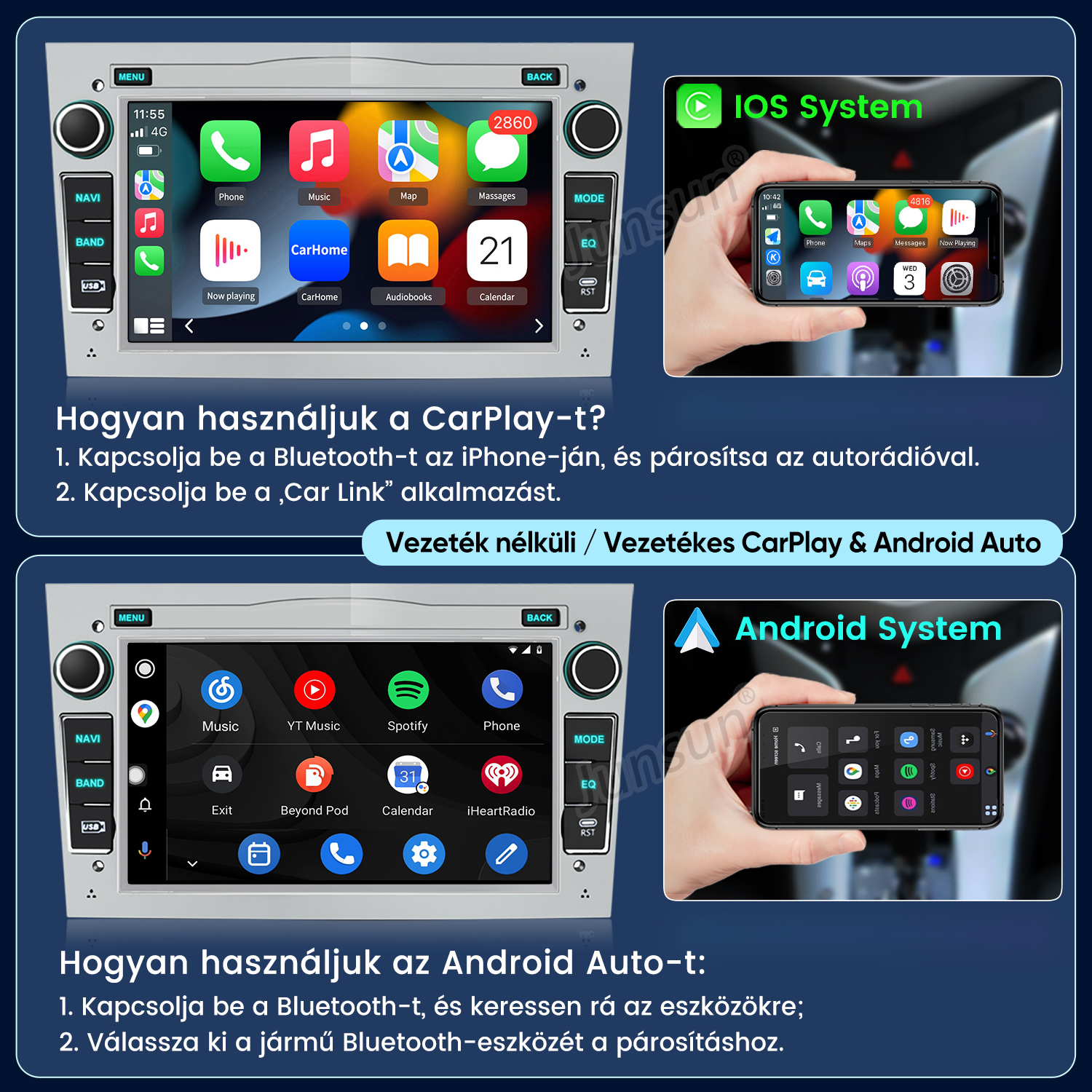Útmutató a CarPlay és Android Auto beállításához autórádión és okostelefonon.