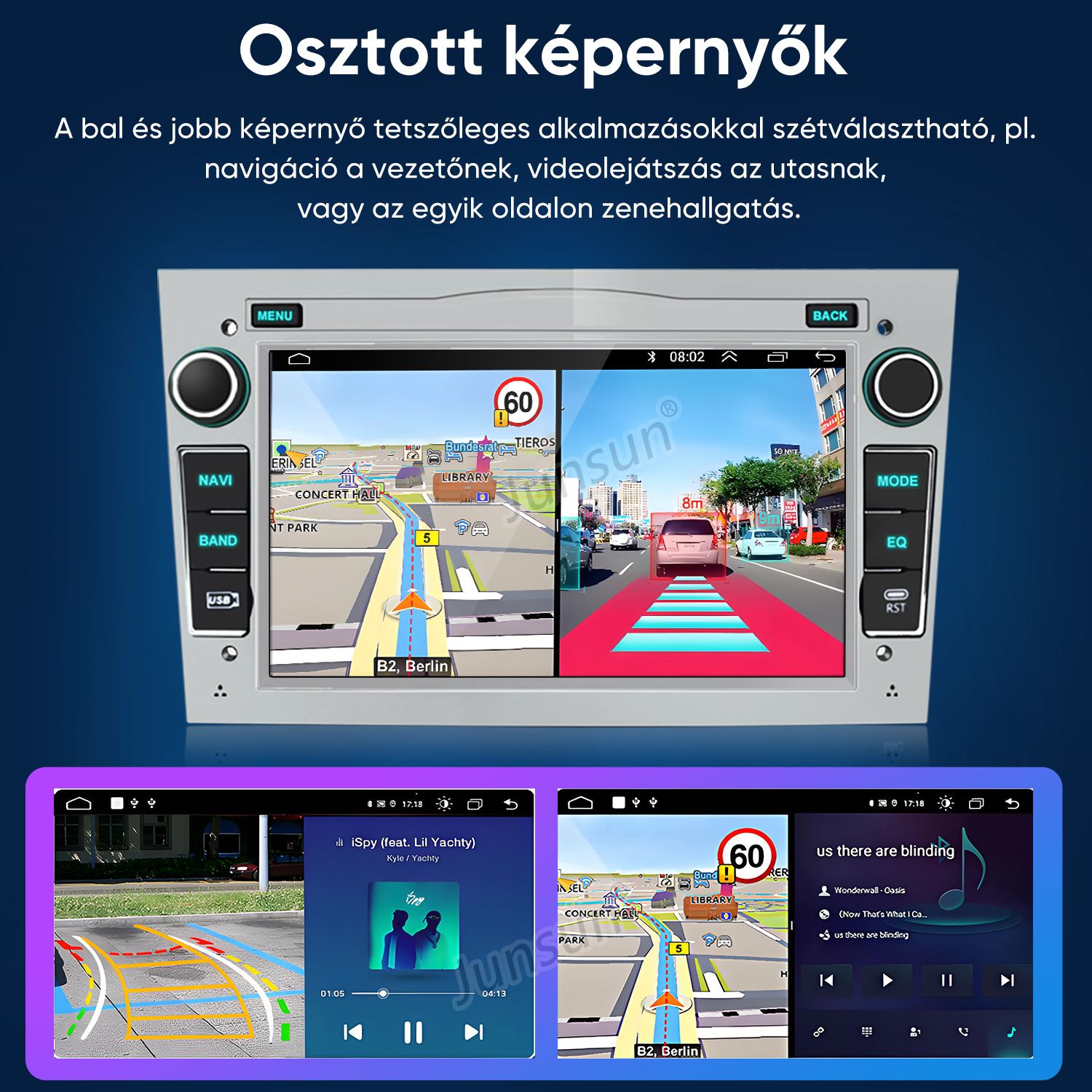 Autós navigációs képernyő osztott kijelzővel és kamerával.