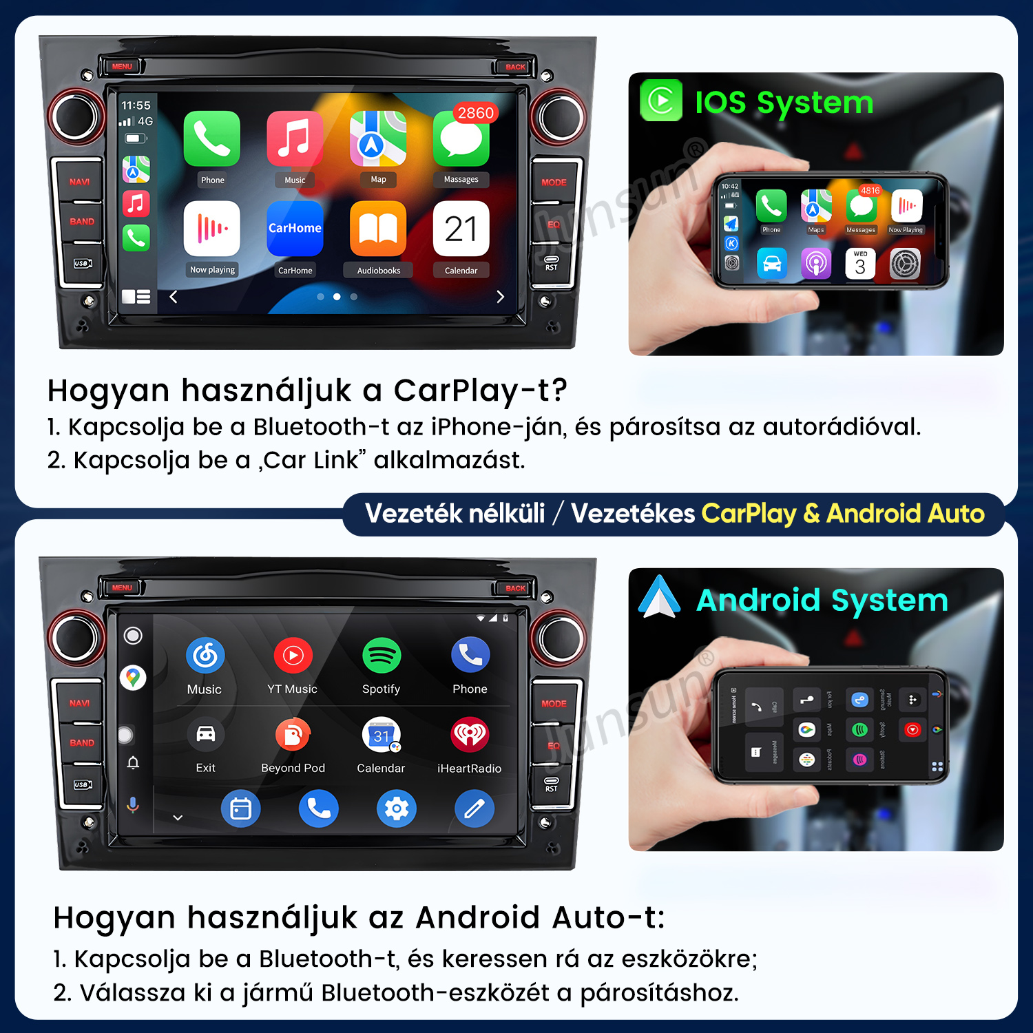 Útmutató a CarPlay és az Android Auto használatához autós rádió képernyőjén.