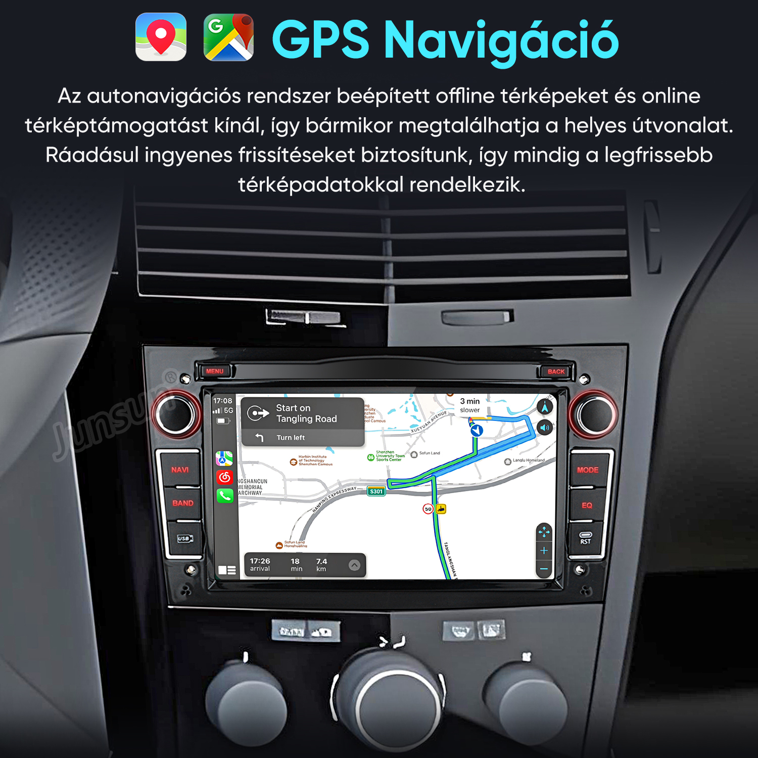Autó m űszerfal GPS navigációs térképpel egy modern érintőképernyős kijelzőn.