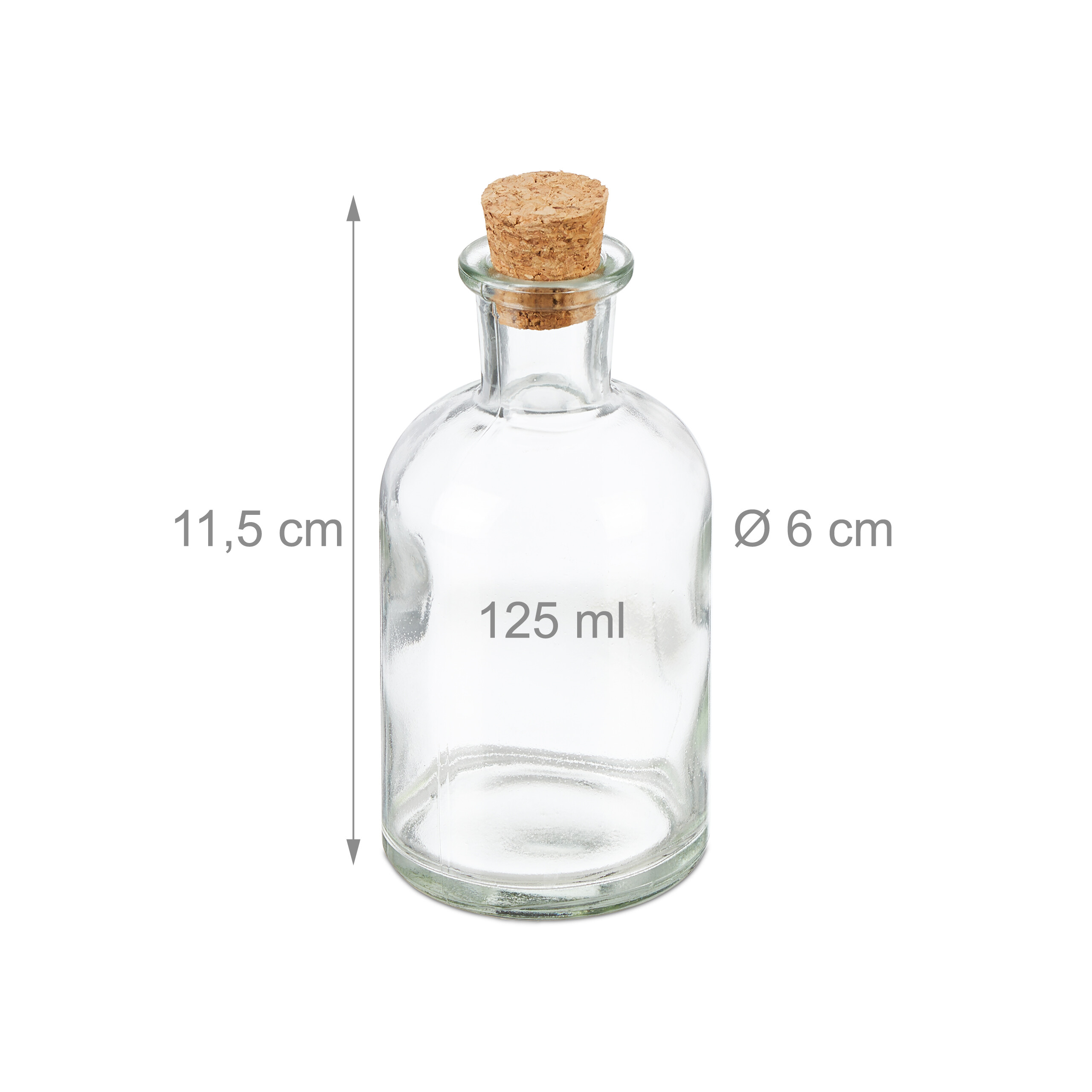 Eine kleine Glasflasche mit Korken, 125 ml, 11,5 cm hoch, 6 cm Durchmesser.