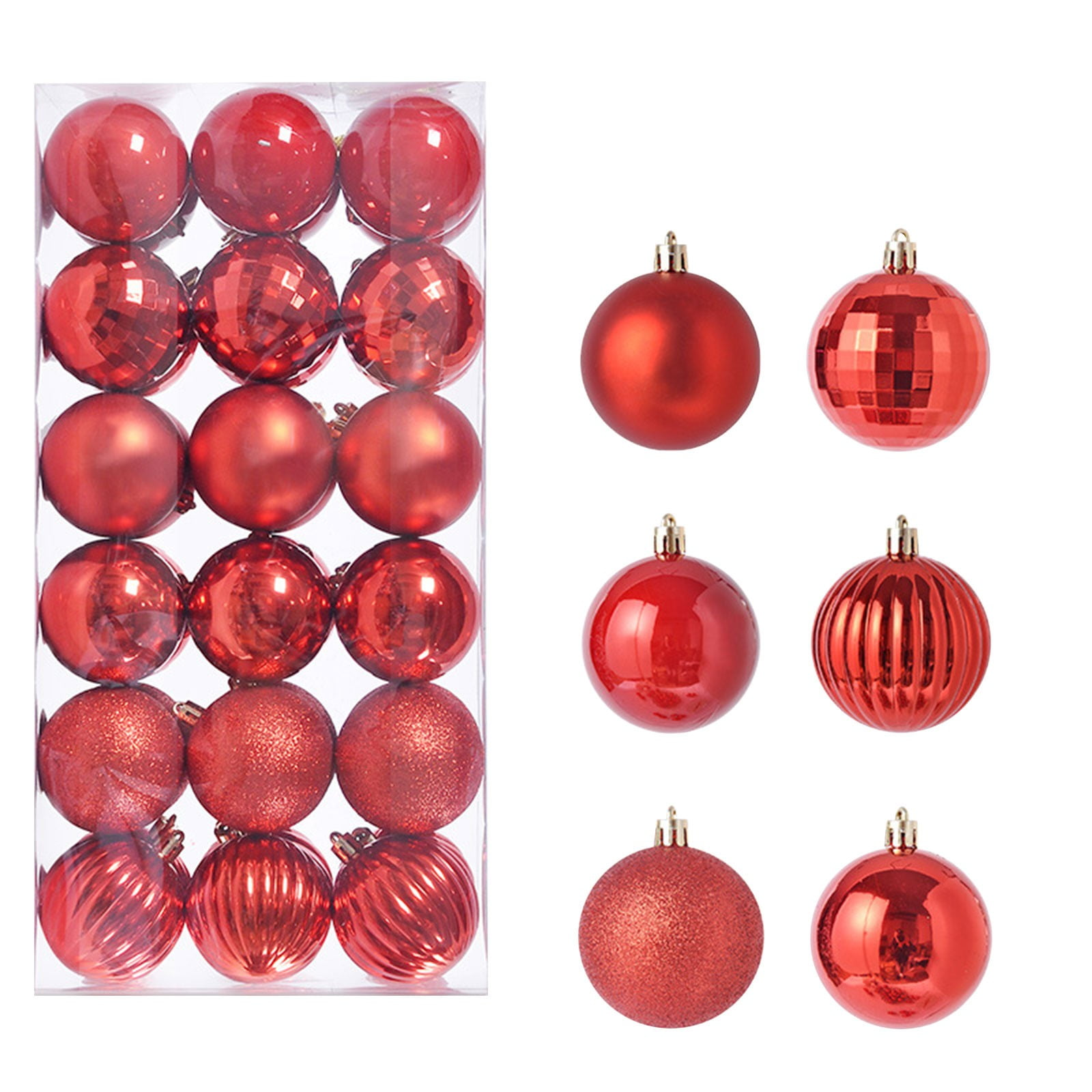 Eine Schachtel rote Weihnachtskugeln mit matten, glänzenden, glitzernden und gestreiften Oberflächen sowie sechs Einzelkugeln.