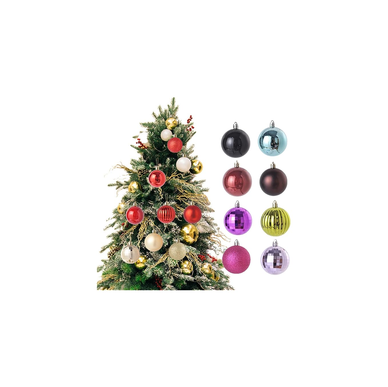 Ein geschmückter Weihnachtsbaum neben einer Auswahl verschiedener bunter Weihnachtskugeln.