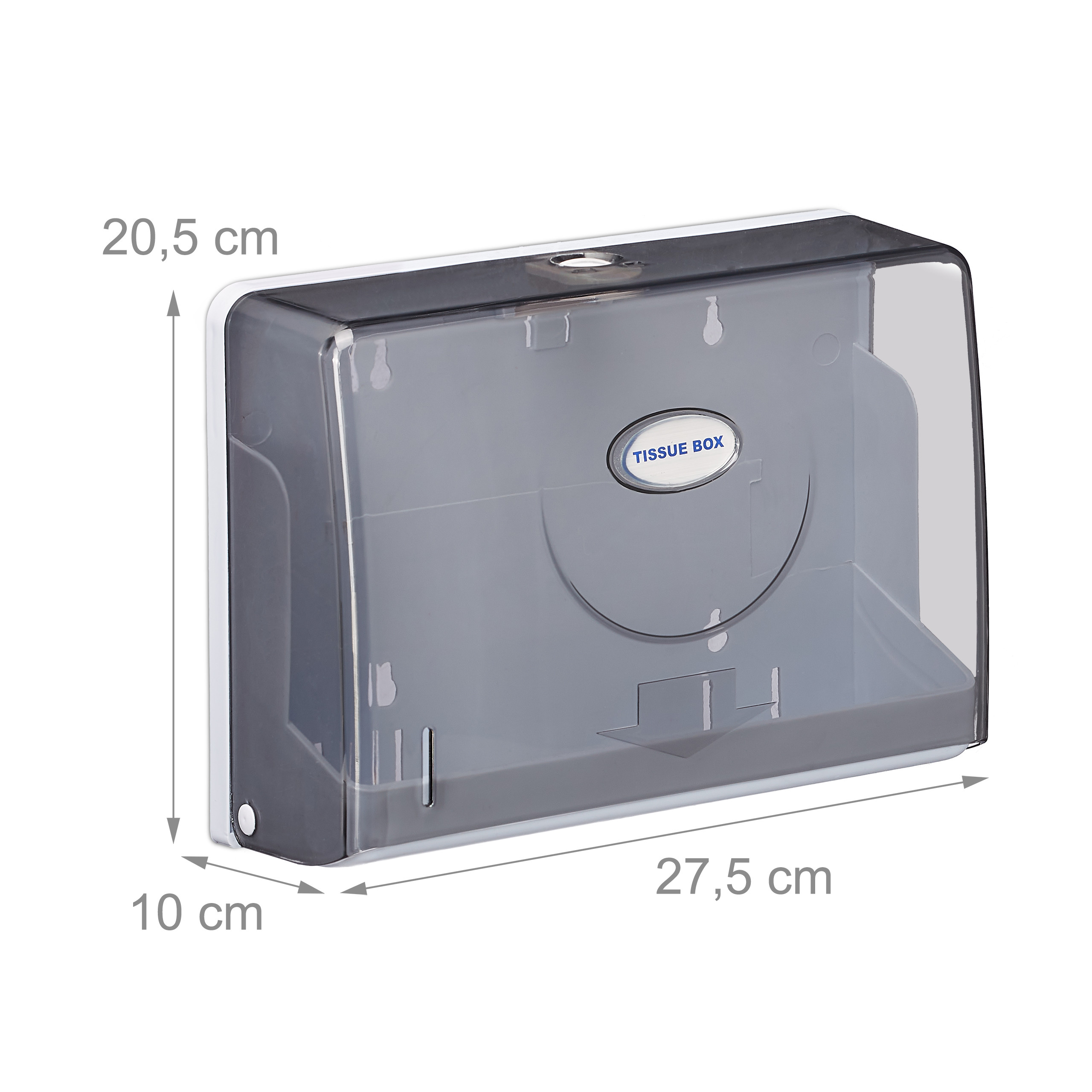 Eine graue und weiße Wand-Taschentuchbox mit Maßen: 27,5 cm Breite, 20,5 cm Höhe und 10 cm Tiefe.