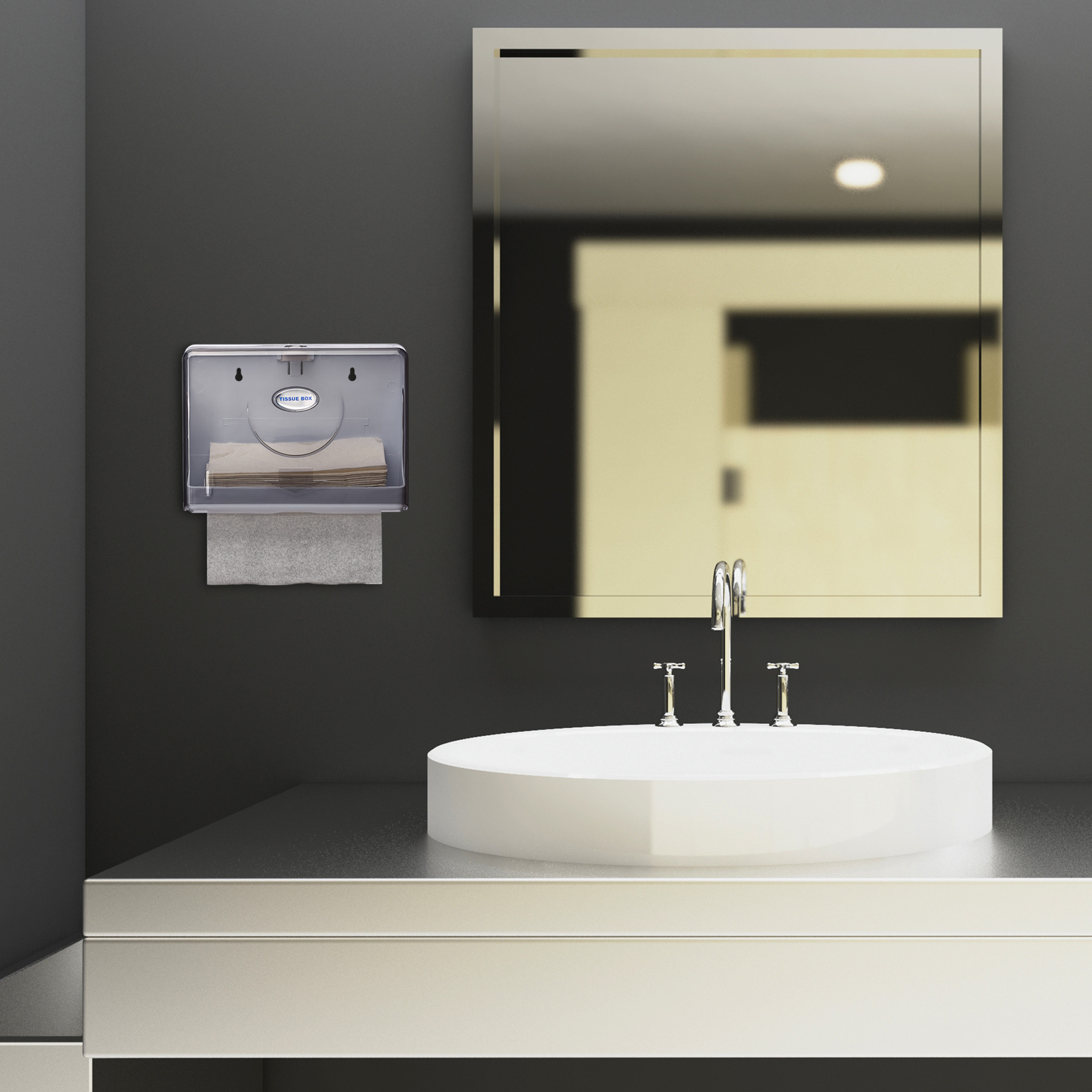 Moderne Waschbecken mit Chromarmatur, Spiegel und Papiertuchspender an dunkler Wand.